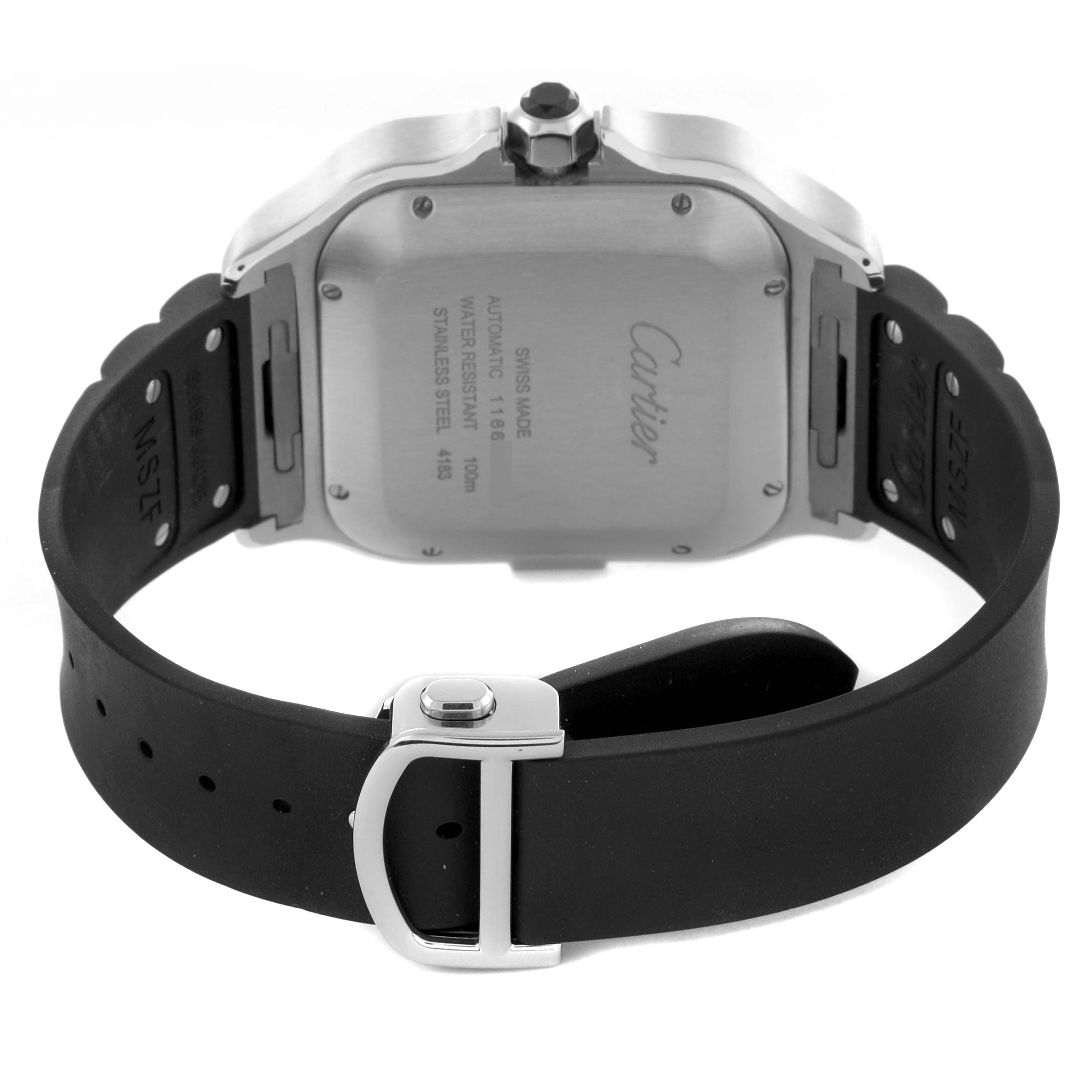 The image shows the back of the Cartier Santos WSSA0017 Men's Stainless Steel Silver Dial WSSA0017 Men's Stainless Steel Silver Dial watch, highlighting the case back, crown, and black rubber strap.
