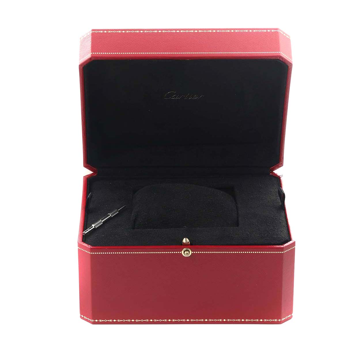 The image shows an open Cartier watch box for the Santos model, featuring a cushion and a tool accessory inside.