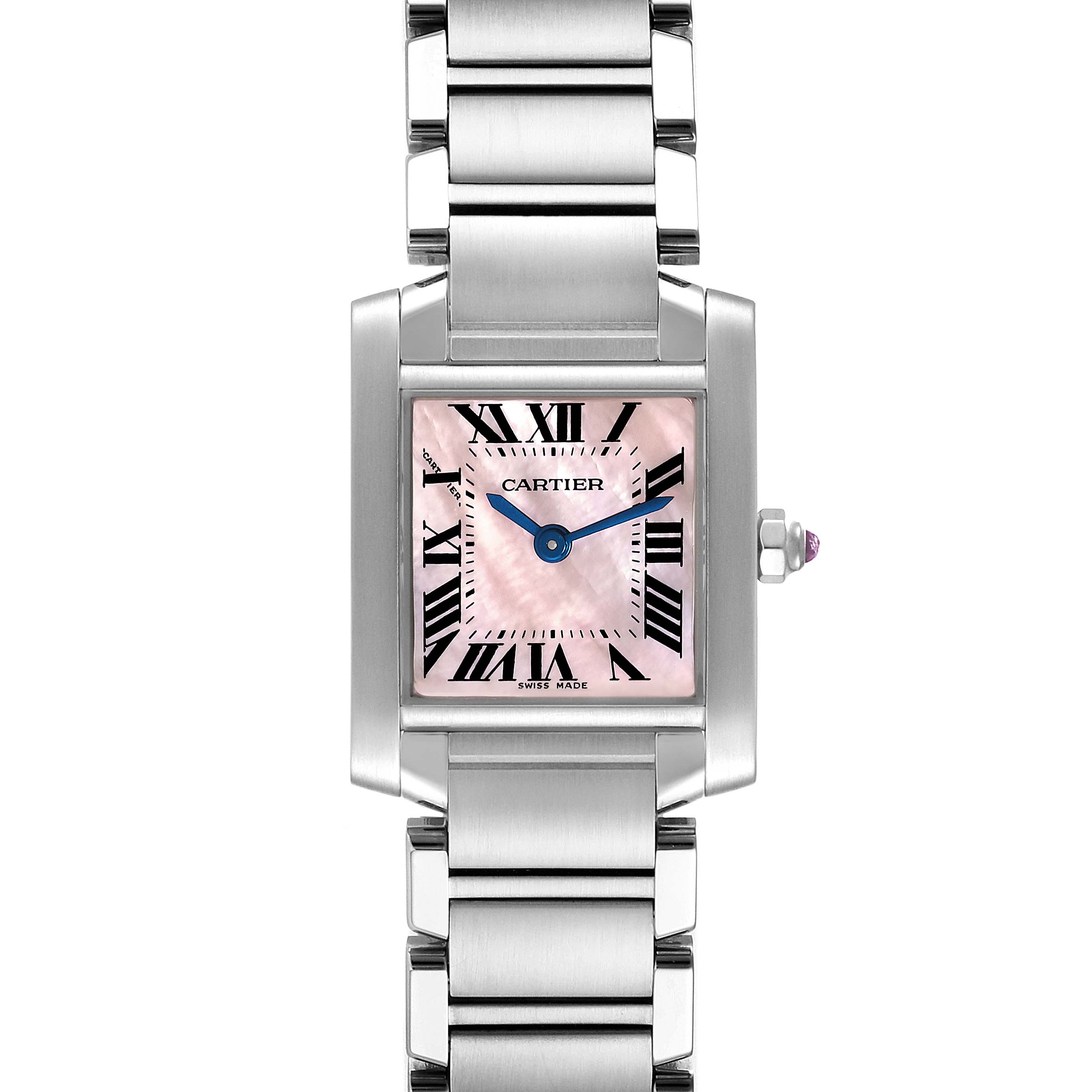 This image shows a frontal view of the Cartier Tank Francaise W51028Q3 Women
s Stainless Steel Mother of Pearl Dial W51028Q3 Women
s Stainless Steel Mother of Pearl Dial watch, featuring its pink dial, Roman numerals, and stainless steel bracelet.