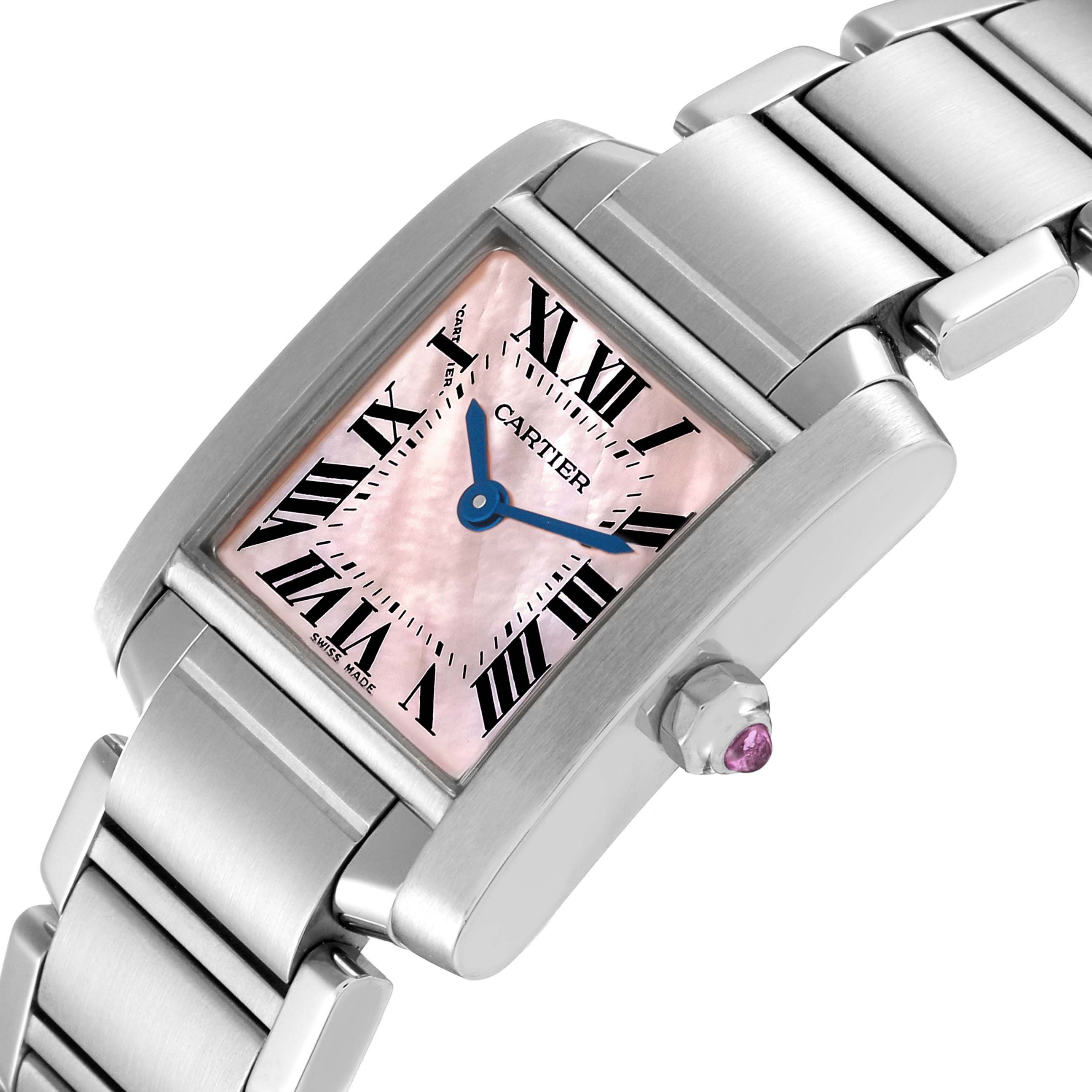 The Cartier Tank Francaise W51028Q3 Women
s Stainless Steel Mother of Pearl Dial W51028Q3 Women
s Stainless Steel Mother of Pearl Dial watch is shown at an angled close-up, displaying the face, crown, and part of the bracelet.