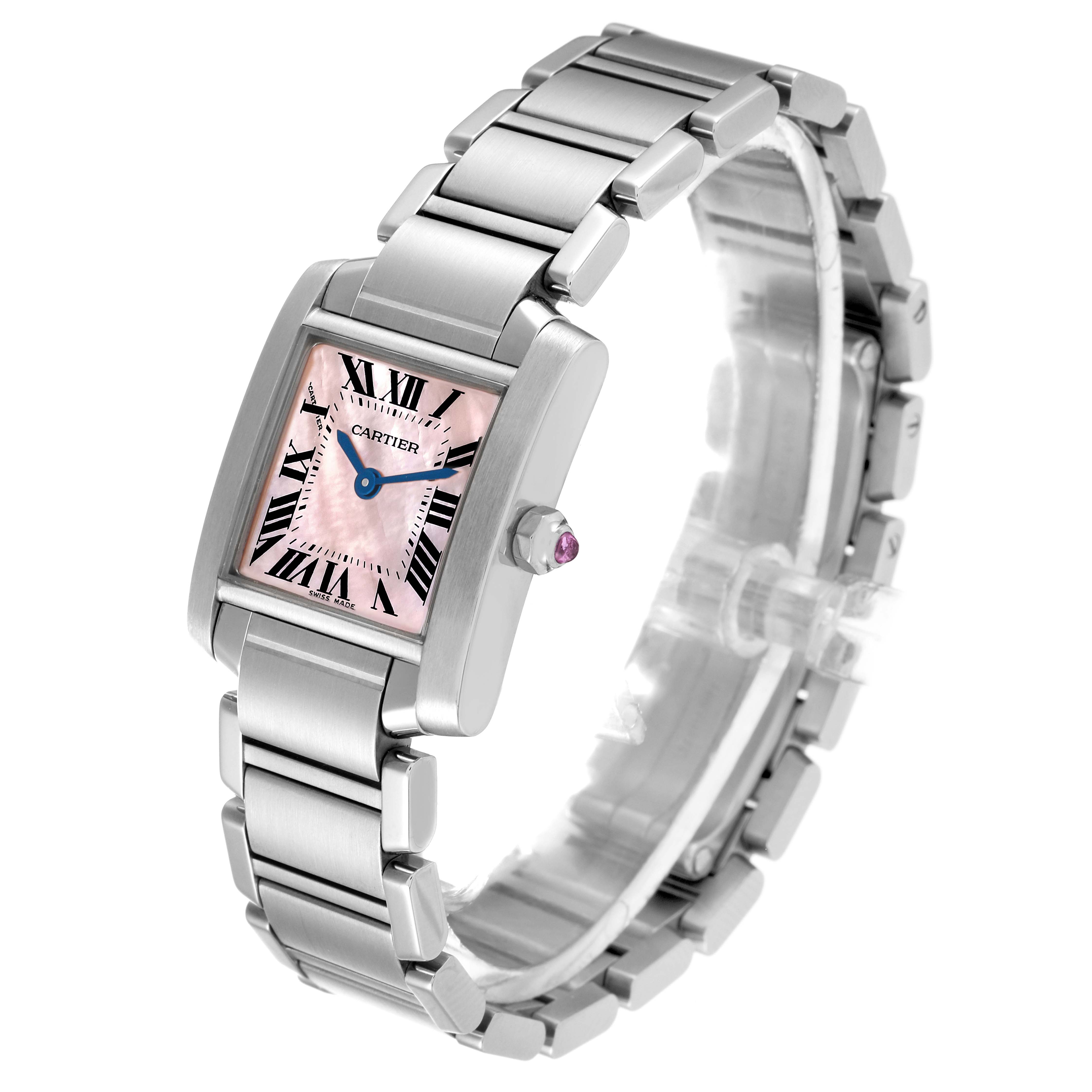 This Cartier Tank Française watch is shown from a three-quarter angle, displaying the face, bracelet, and crown with a pink cabochon.