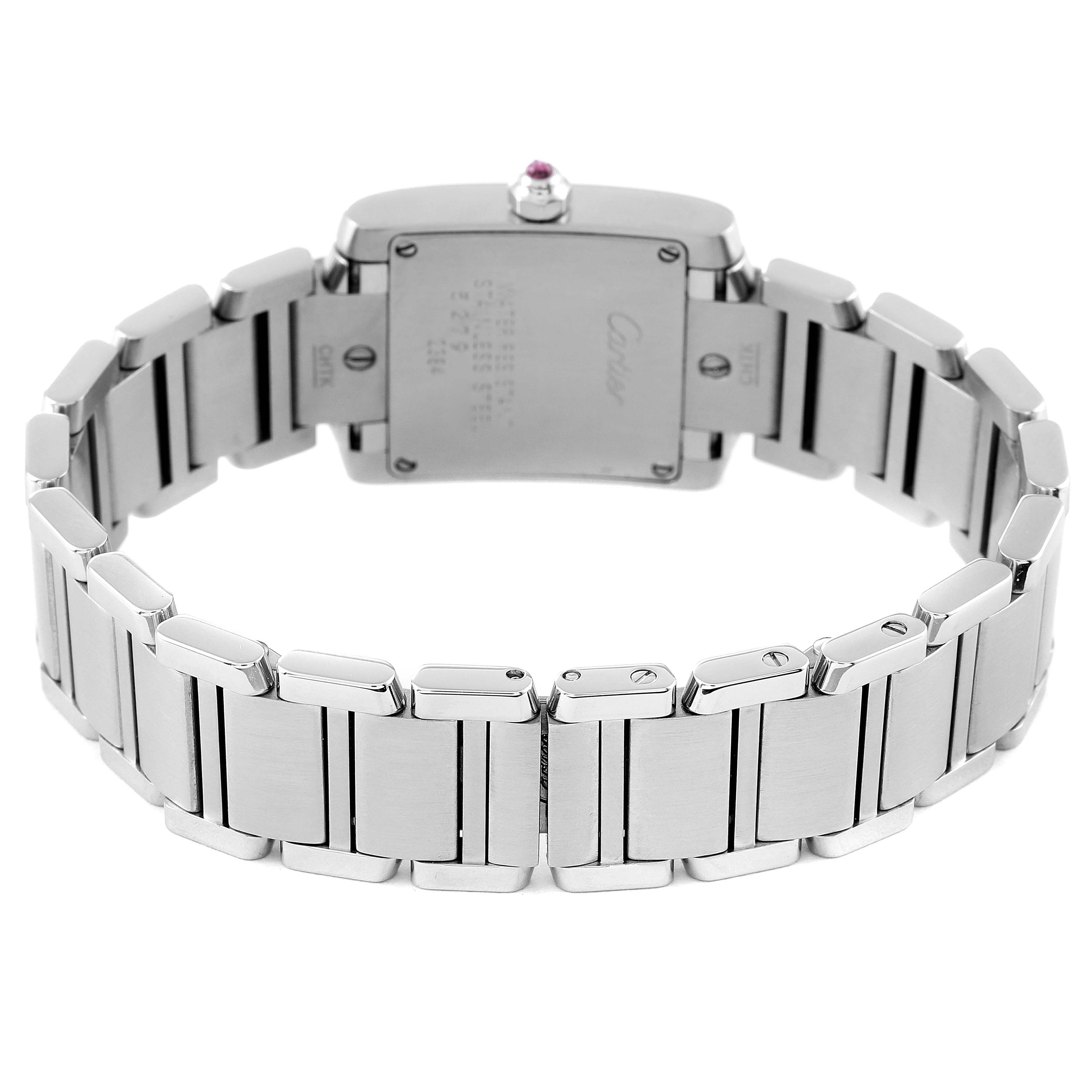 The image shows the back case and bracelet of the Cartier Tank Francaise W51028Q3 Women
s Stainless Steel Mother of Pearl Dial W51028Q3 Women
s Stainless Steel Mother of Pearl Dial watch from a rear angle.