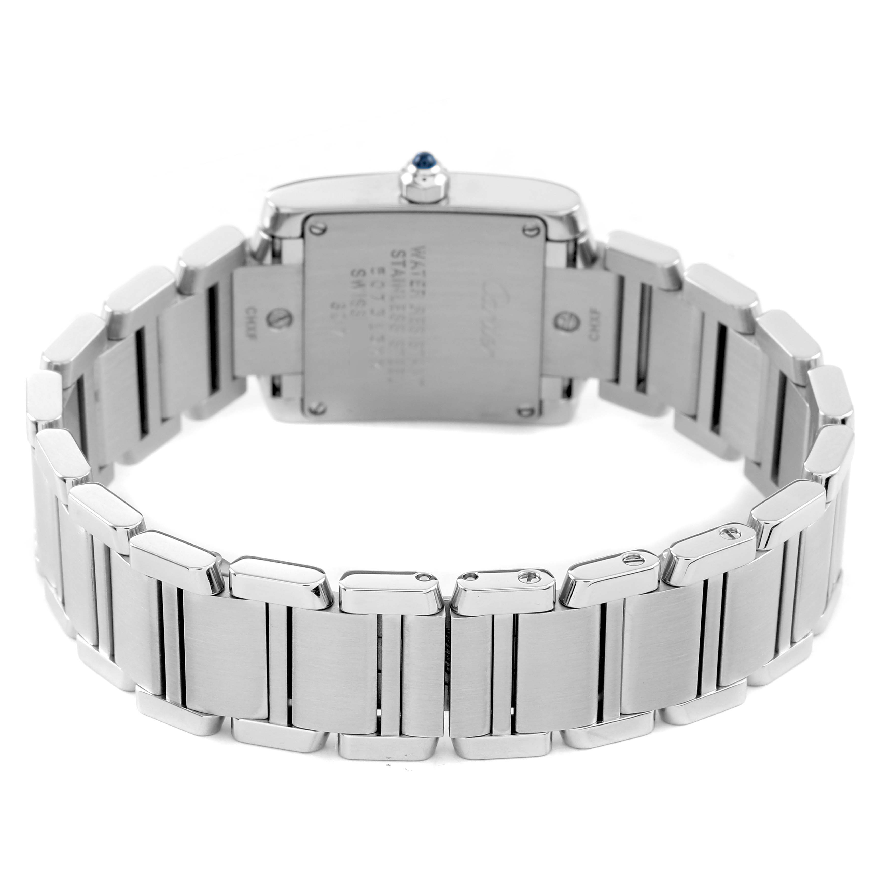 The Cartier Tank Française model is shown from the back, highlighting its stainless steel bracelet and case back.