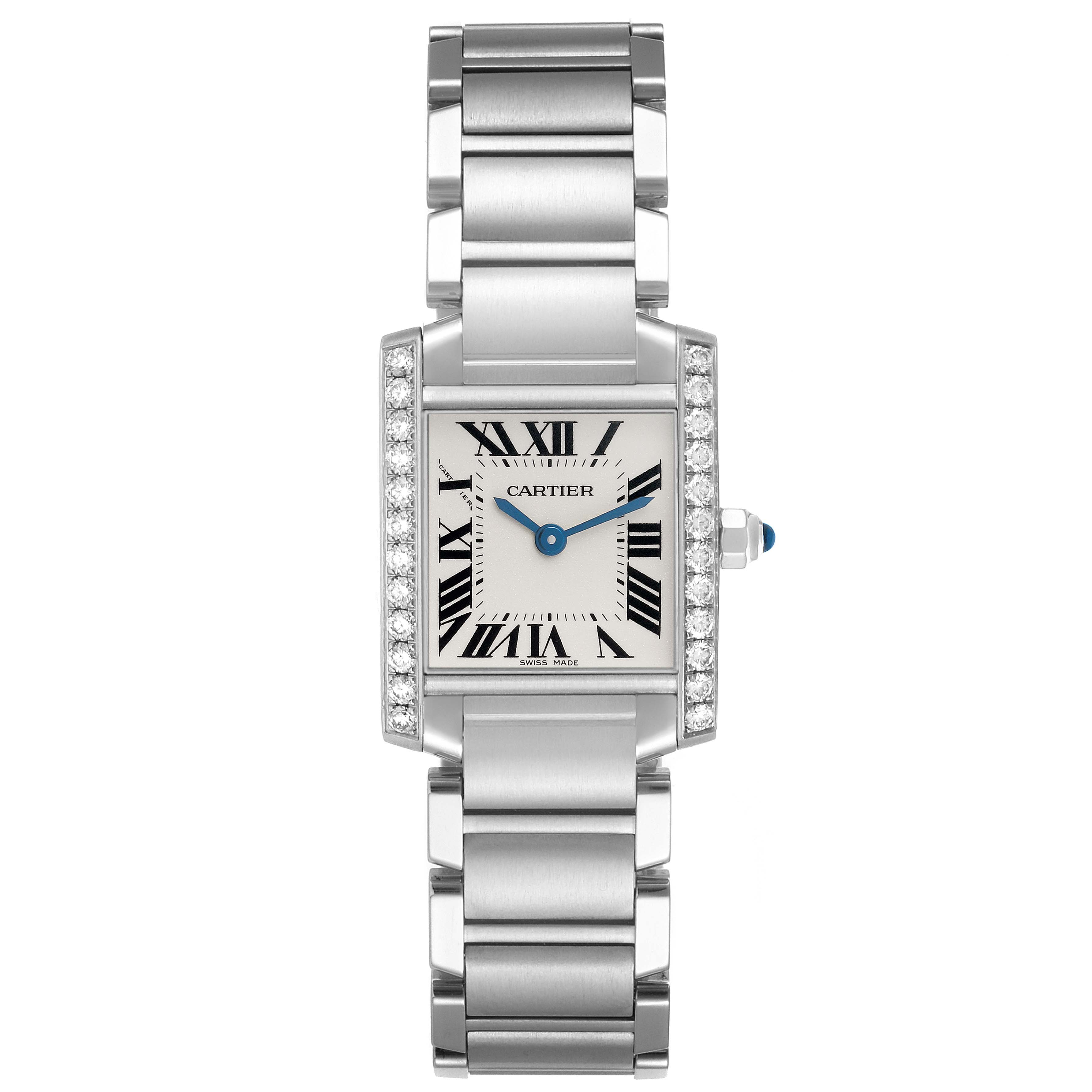The image shows a Tank Francaise by Cartier from the front, highlighting the watch face, bracelet, and side embellishments.