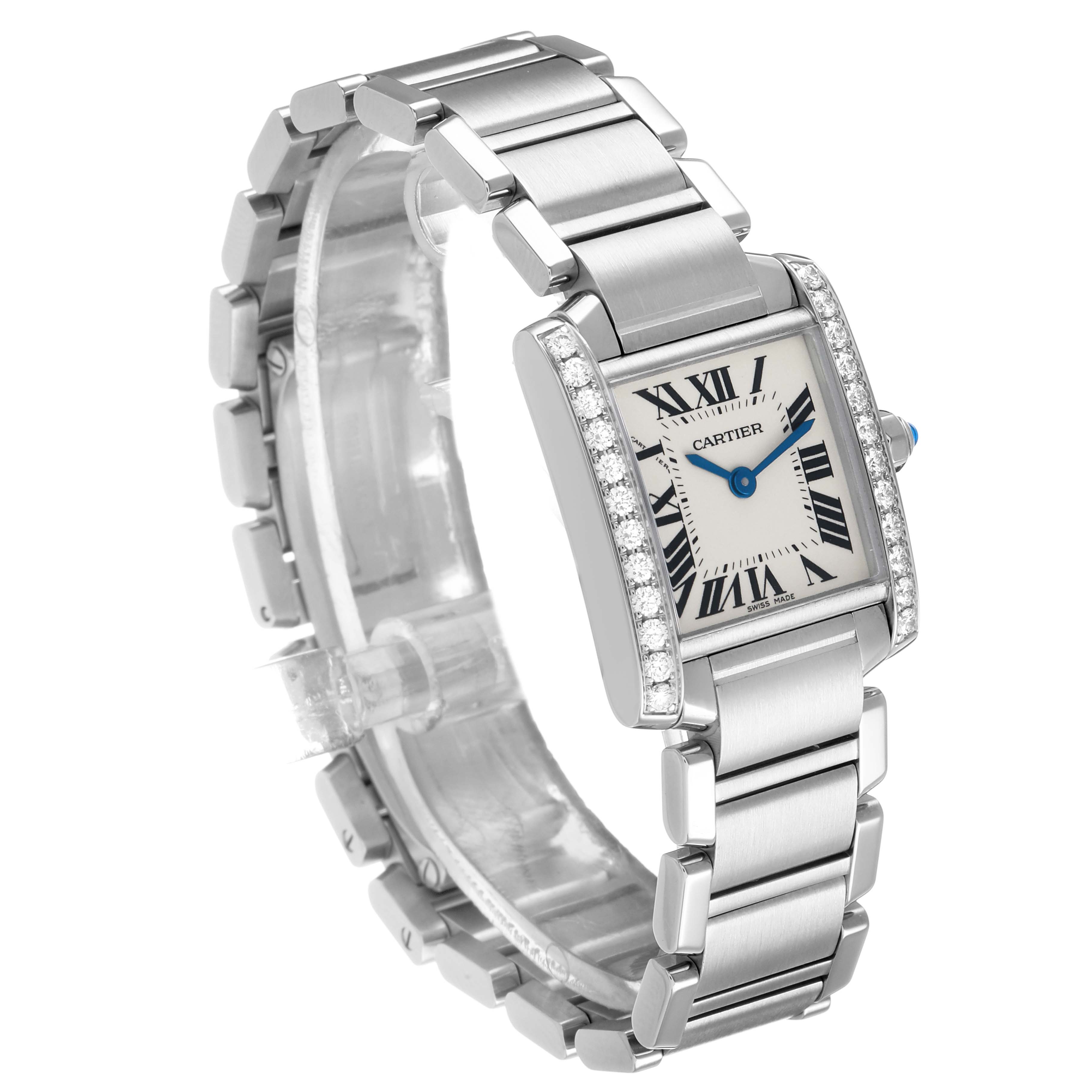 The Cartier Tank Francaise W4TA0008 Women's Stainless Steel Silver Dial watch is shown at a three-quarter angle, highlighting the face, bracelet, and diamond-set case sides.