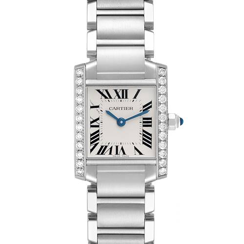 The Cartier Tank Française watch is shown from the front, highlighting its rectangular face and metallic bracelet.
