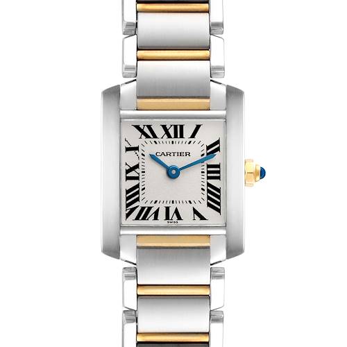 The Cartier Tank Francaise W51007Q4 Women's Stainless Steel Silver Dial watch is shown from a front view, highlighting its face, Roman numerals, blued hands, and metal bracelet.