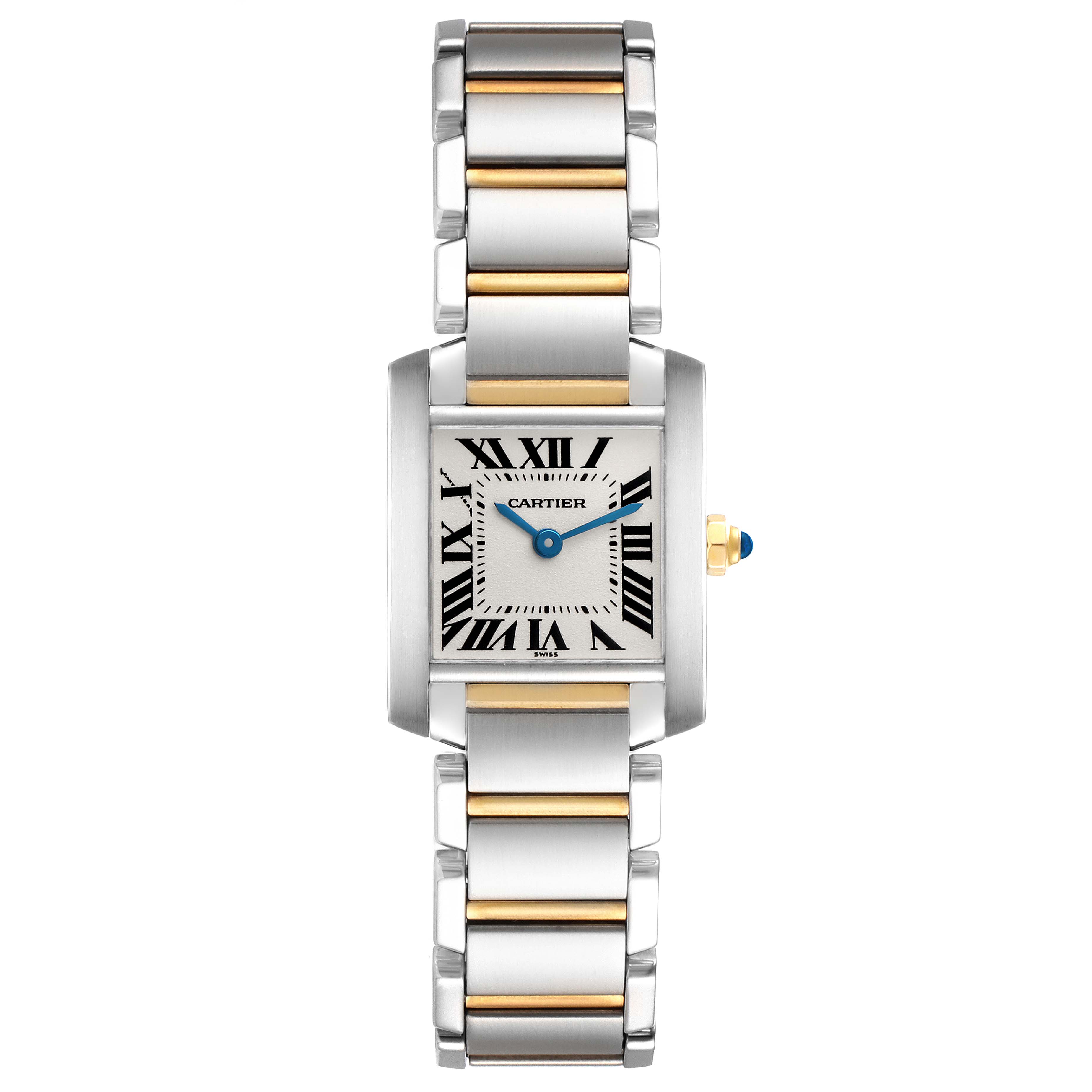 The Cartier Tank Francaise W51007Q4 Women's Stainless Steel Silver Dial watch is shown from a front angle, displaying the face, bracelet, and bezel.