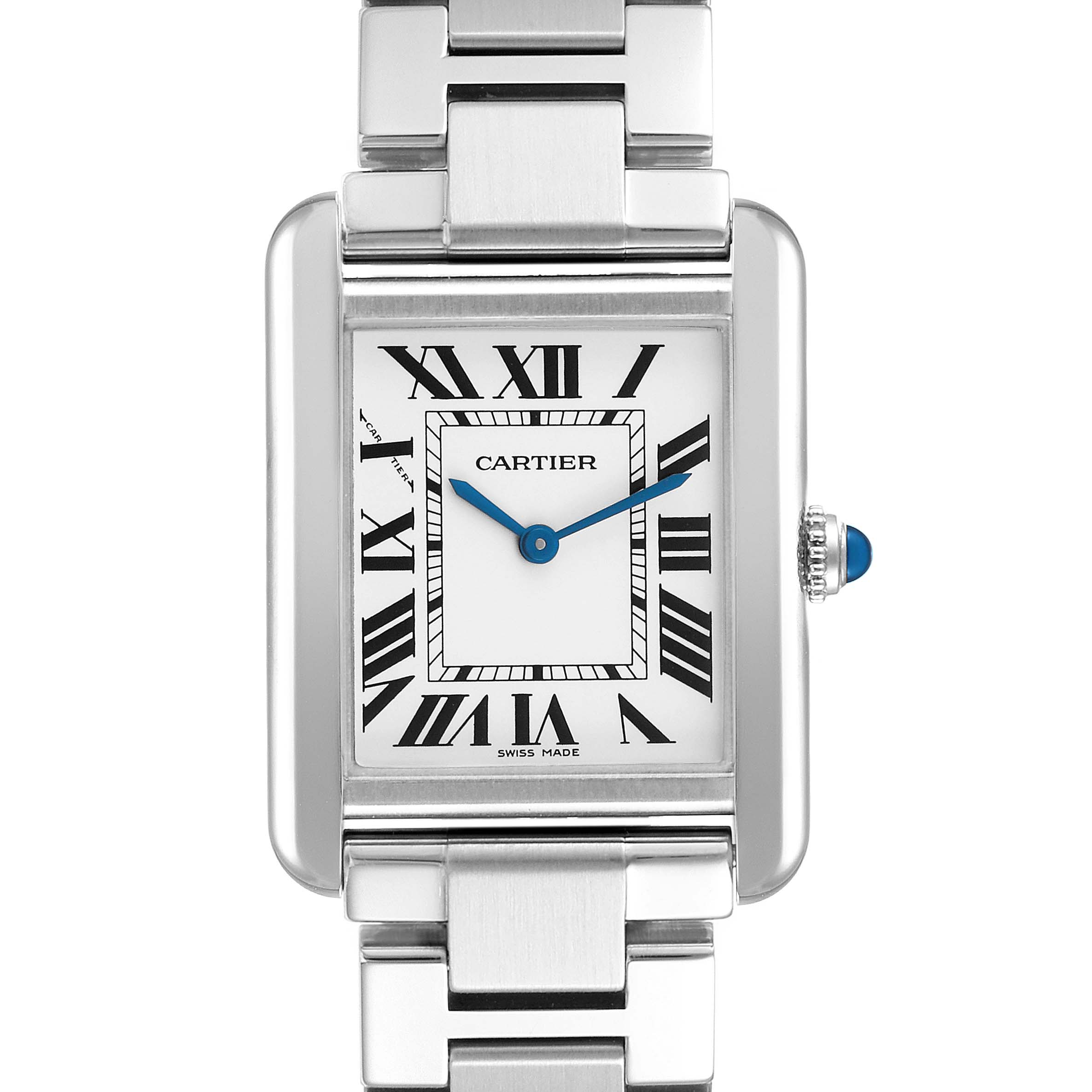 The Cartier Tank Solo W5200013 Women's Stainless Steel Silver Dial watch is shown from a front angle, highlighting its rectangular case, Roman numerals, and metallic bracelet.