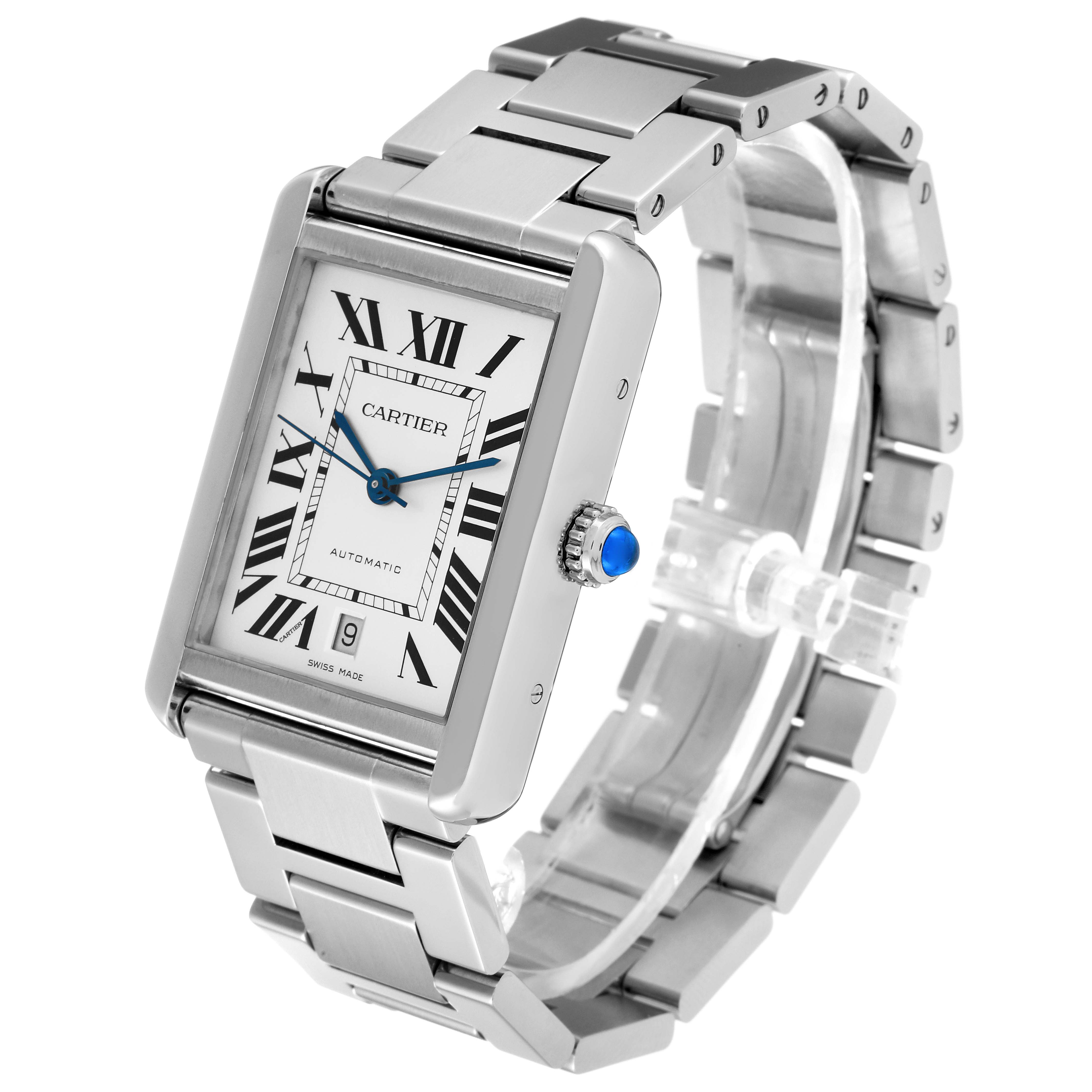 The image shows a Cartier Tank Solo W5200028 Men's Stainless Steel Silver Dial W5200028 Men's Stainless Steel Silver Dial watch at a three-quarter angle, highlighting the face, band, and crown with a blue stone.