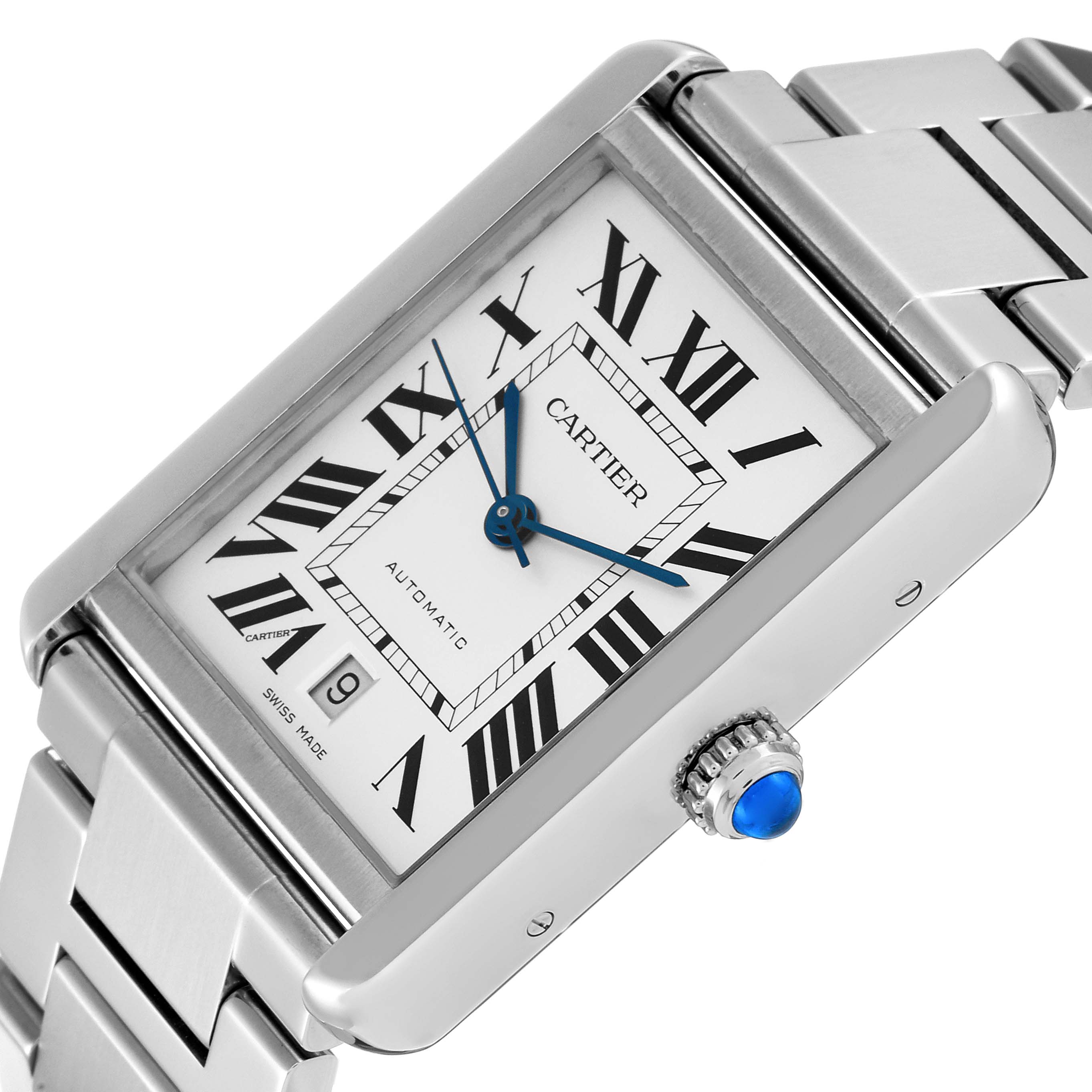 This image shows a close-up, angled view of the Cartier Tank Solo W5200028 Men's Stainless Steel Silver Dial W5200028 Men's Stainless Steel Silver Dial watch, highlighting its face, crown, and part of the bracelet.