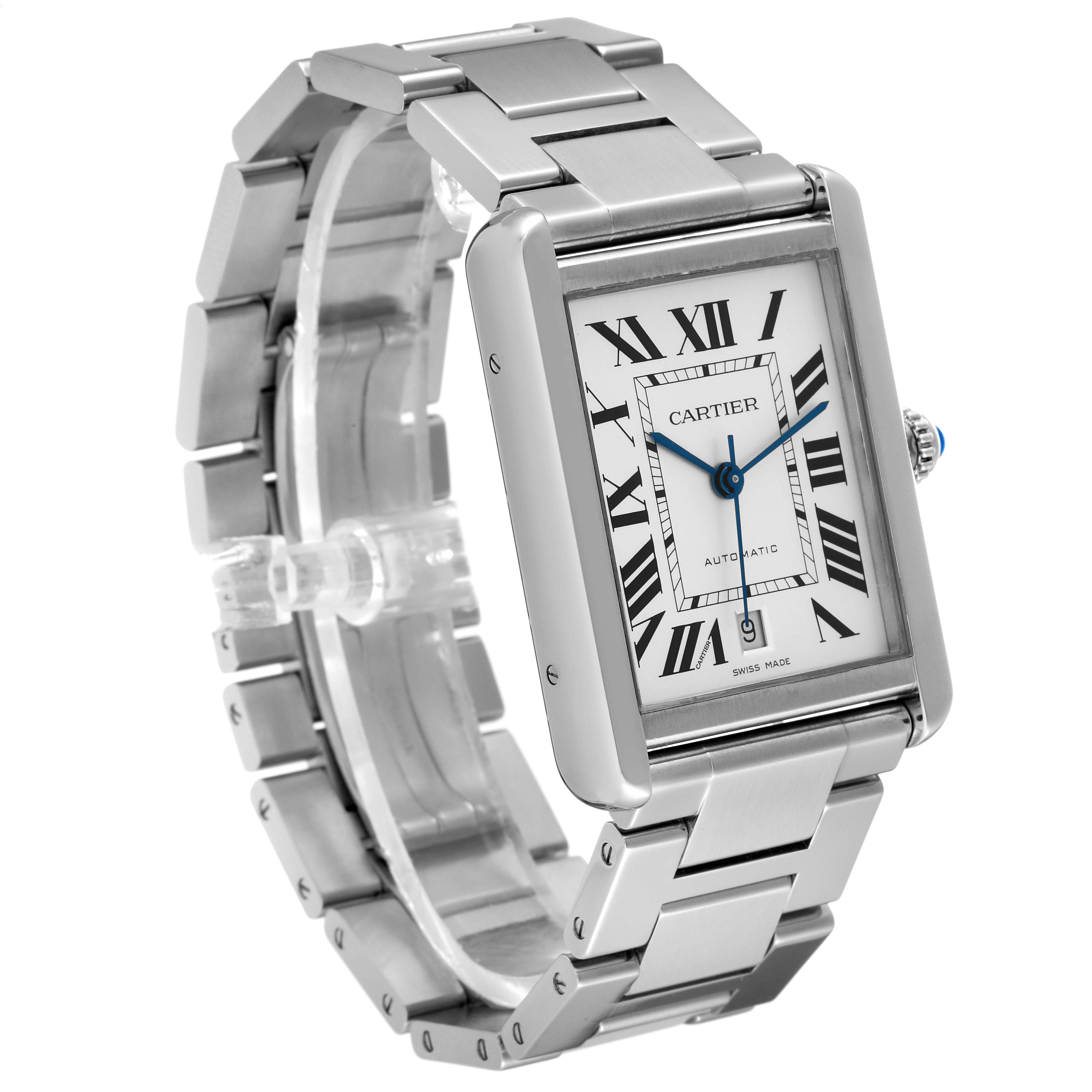 The Tank Solo model by Cartier is shown at a three-quarter angle, highlighting its rectangular face and stainless steel bracelet.