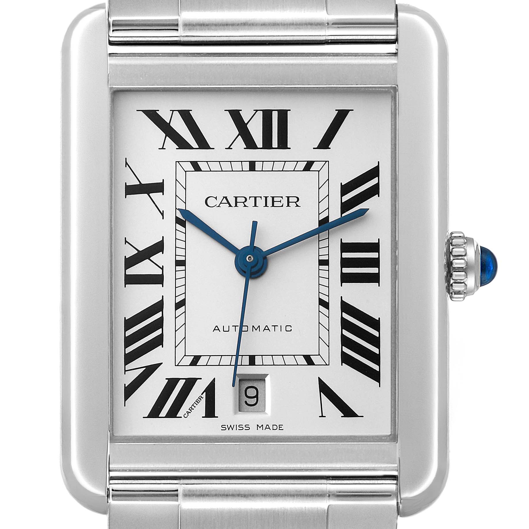 The image shows a close-up of the Cartier Tank Solo W5200028 Men's Stainless Steel Silver Dial W5200028 Men's Stainless Steel Silver Dial watch face, including Roman numerals, blue hands, and a date window.