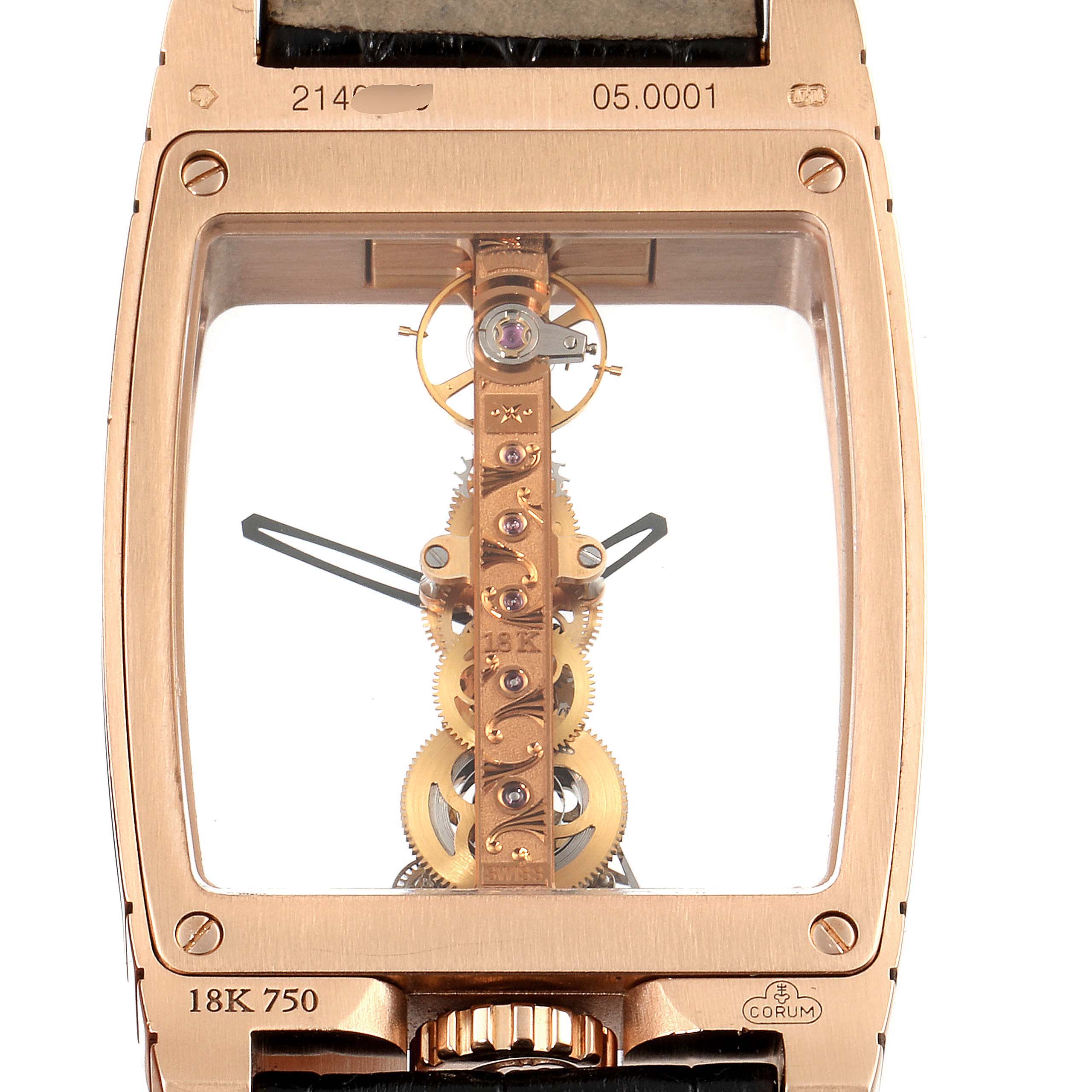 The image shows a close-up front view of the Corum Golden Bridge B113/01043 - 113.160.55/0002 0000 Men's Rose Gold Transparent Dial B113/01043 - 113.160.55/0002 0000 Men's Rose Gold Transparent Dial watch's movement and case, highlighting the intricate gears and watch hands.