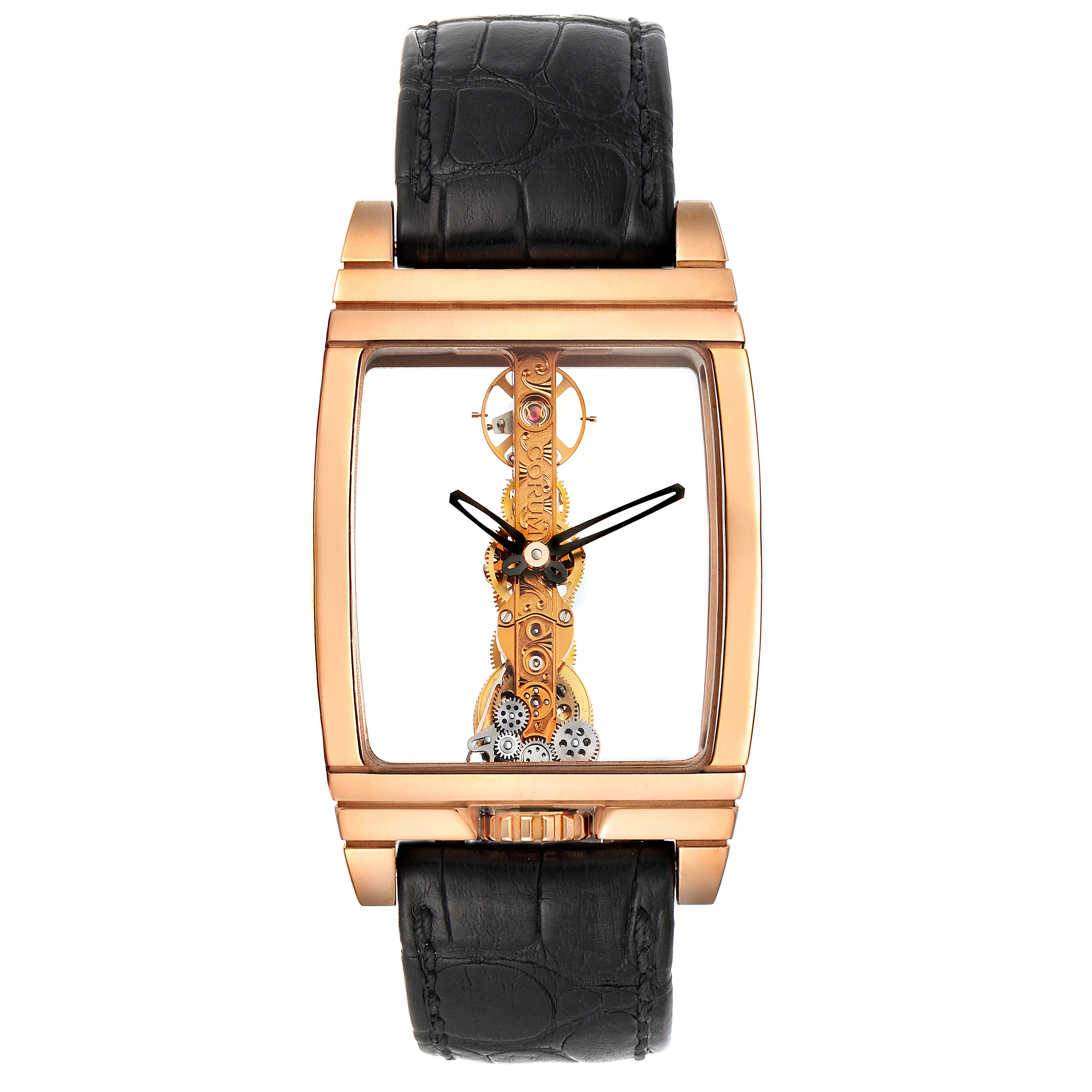 The Corum Golden Bridge B113/01043 - 113.160.55/0002 0000 Men's Rose Gold Transparent Dial B113/01043 - 113.160.55/0002 0000 Men's Rose Gold Transparent Dial watch is shown from a front angle, highlighting its intricate movement and black leather strap.