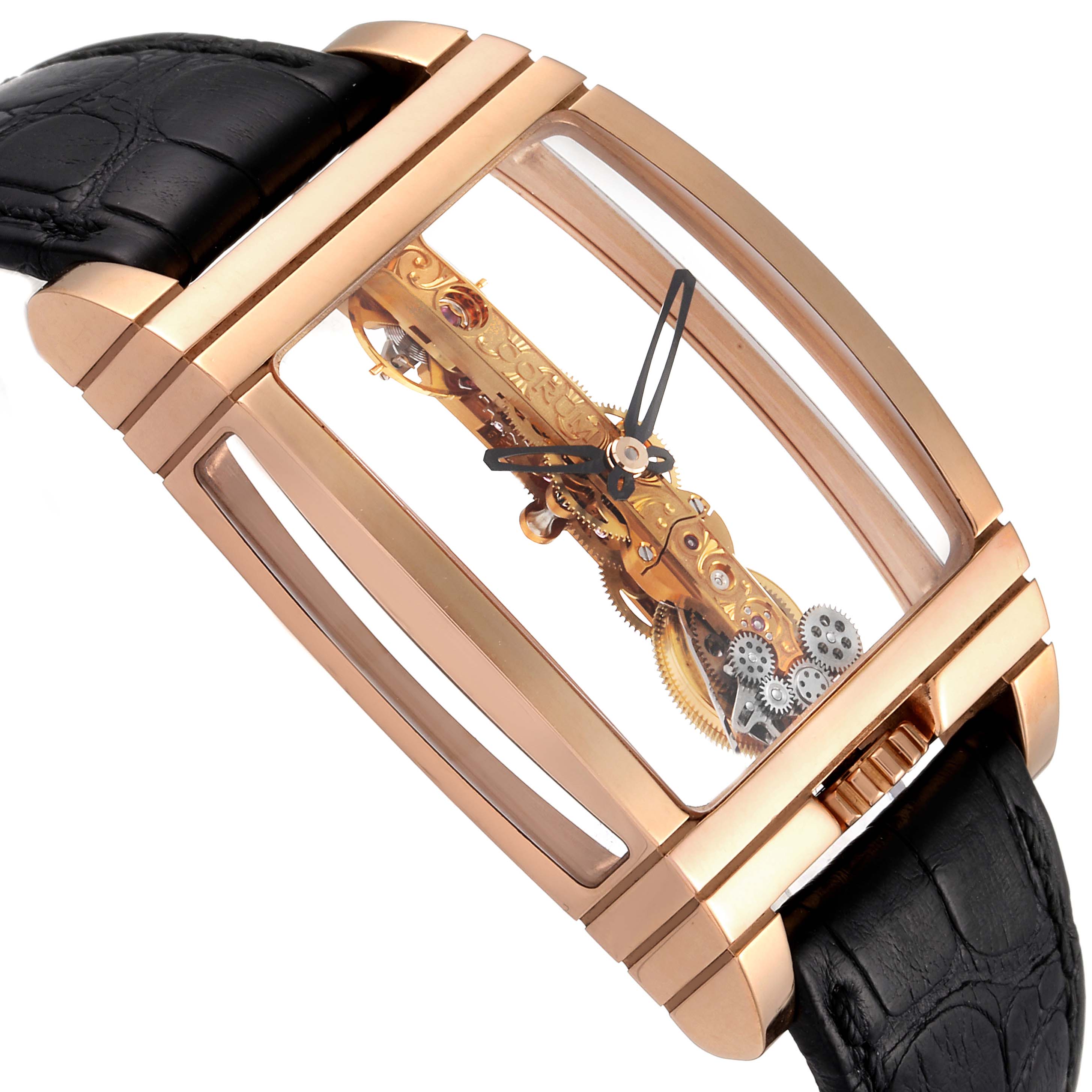 The image shows the Corum Golden Bridge B113/01043 - 113.160.55/0002 0000 Men's Rose Gold Transparent Dial B113/01043 - 113.160.55/0002 0000 Men's Rose Gold Transparent Dial watch at an oblique angle, highlighting the case, mechanism, and strap.
