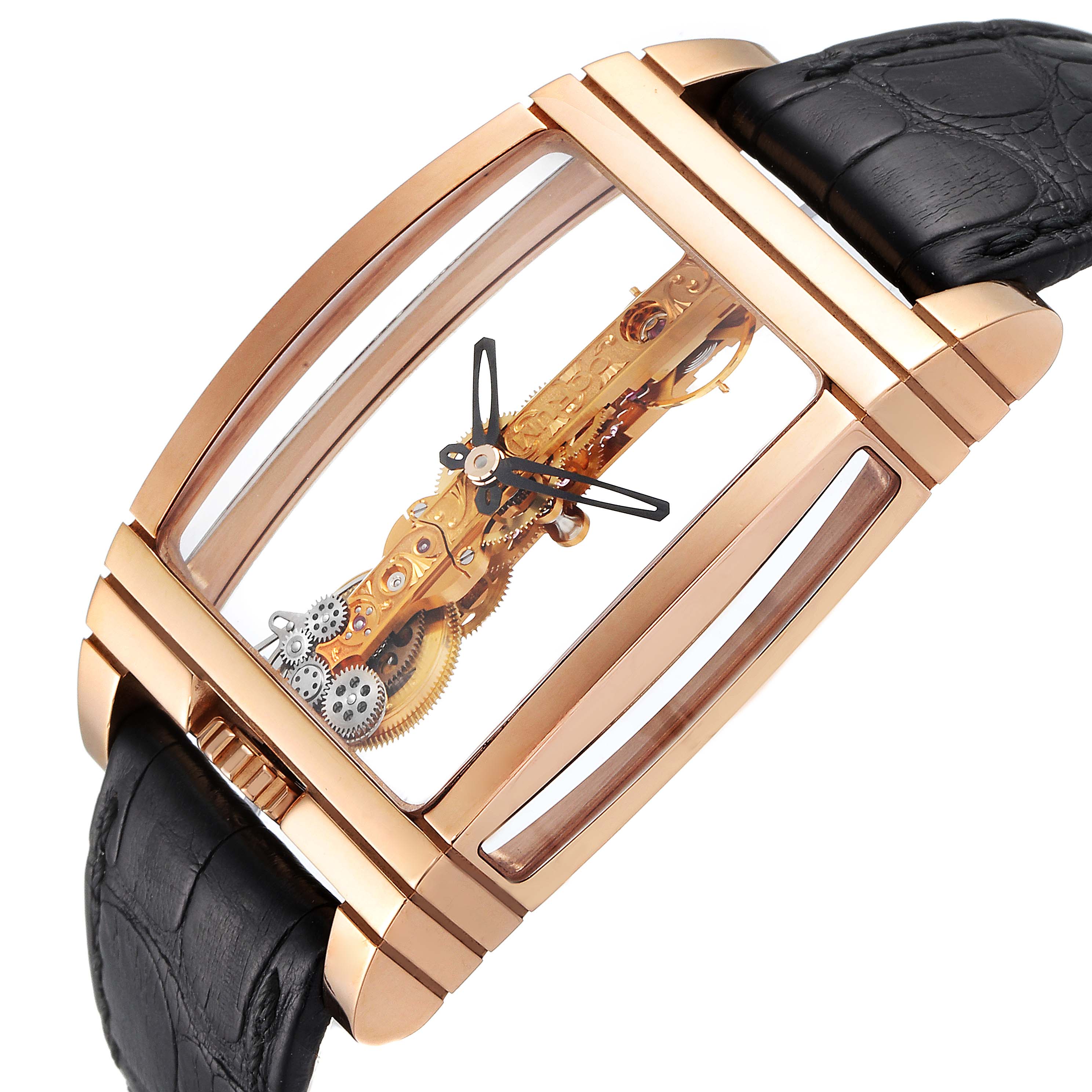 The Corum Golden Bridge B113/01043 - 113.160.55/0002 0000 Men's Rose Gold Transparent Dial B113/01043 - 113.160.55/0002 0000 Men's Rose Gold Transparent Dial watch is shown at an angle highlighting its transparent case and intricate mechanism with a black strap.