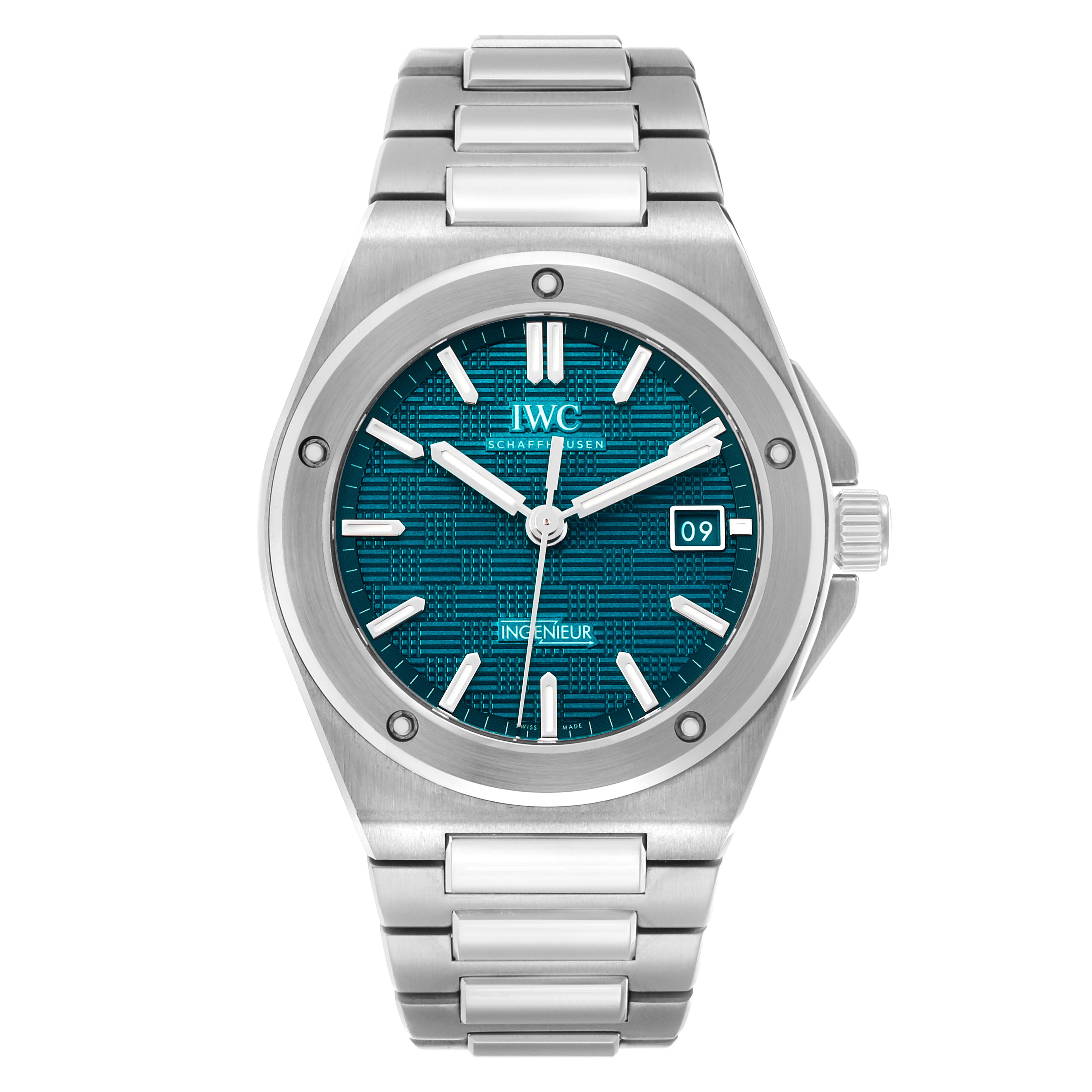 The IWC Ingenieur IW328903 Men's Stainless Steel Blue Dial watch is shown from a front angle, displaying its blue dial, stainless steel case, bracelet, and date feature.