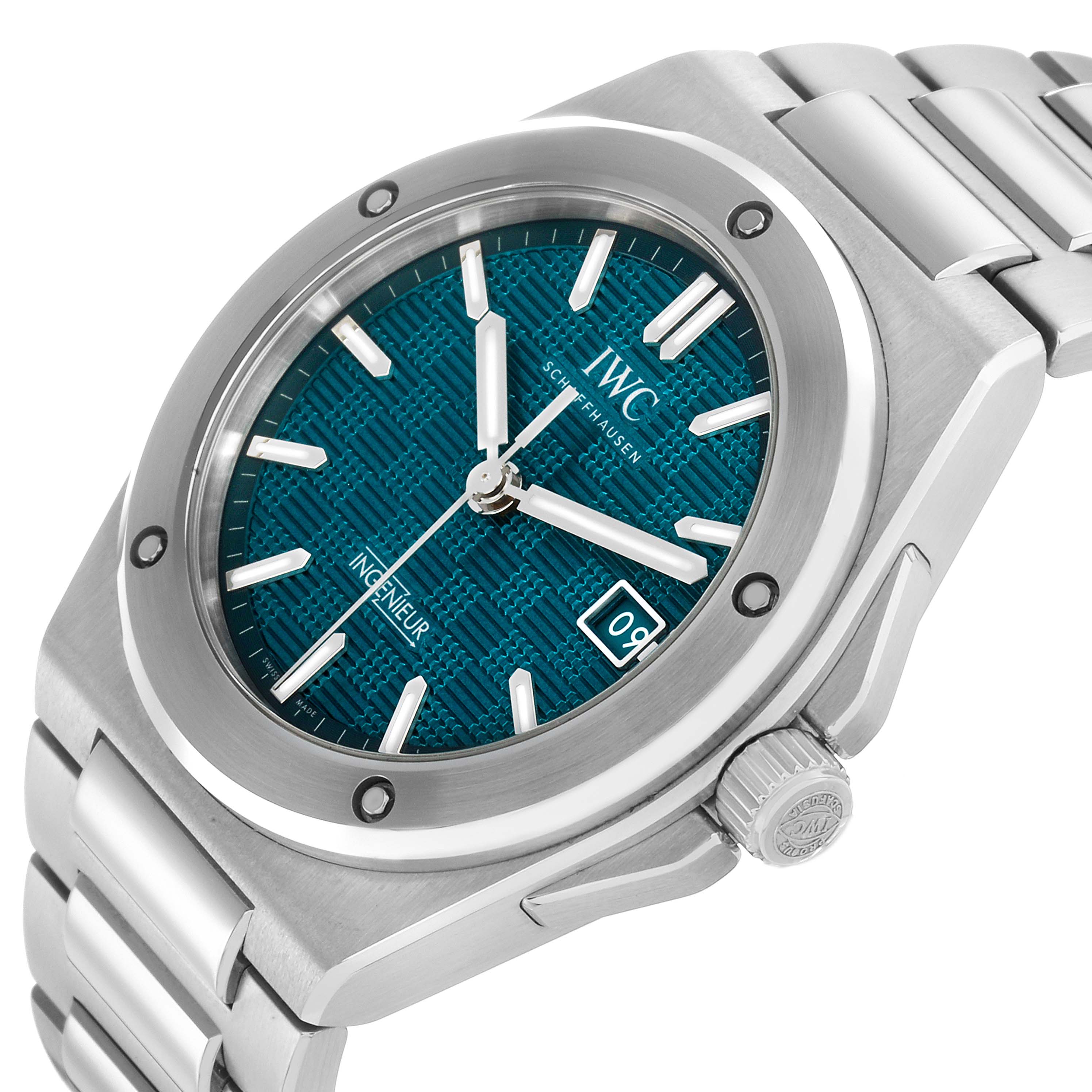 The IWC Ingenieur IW328903 Men's Stainless Steel Blue Dial watch is shown at an angle highlighting the dial, crown, and part of the bracelet.