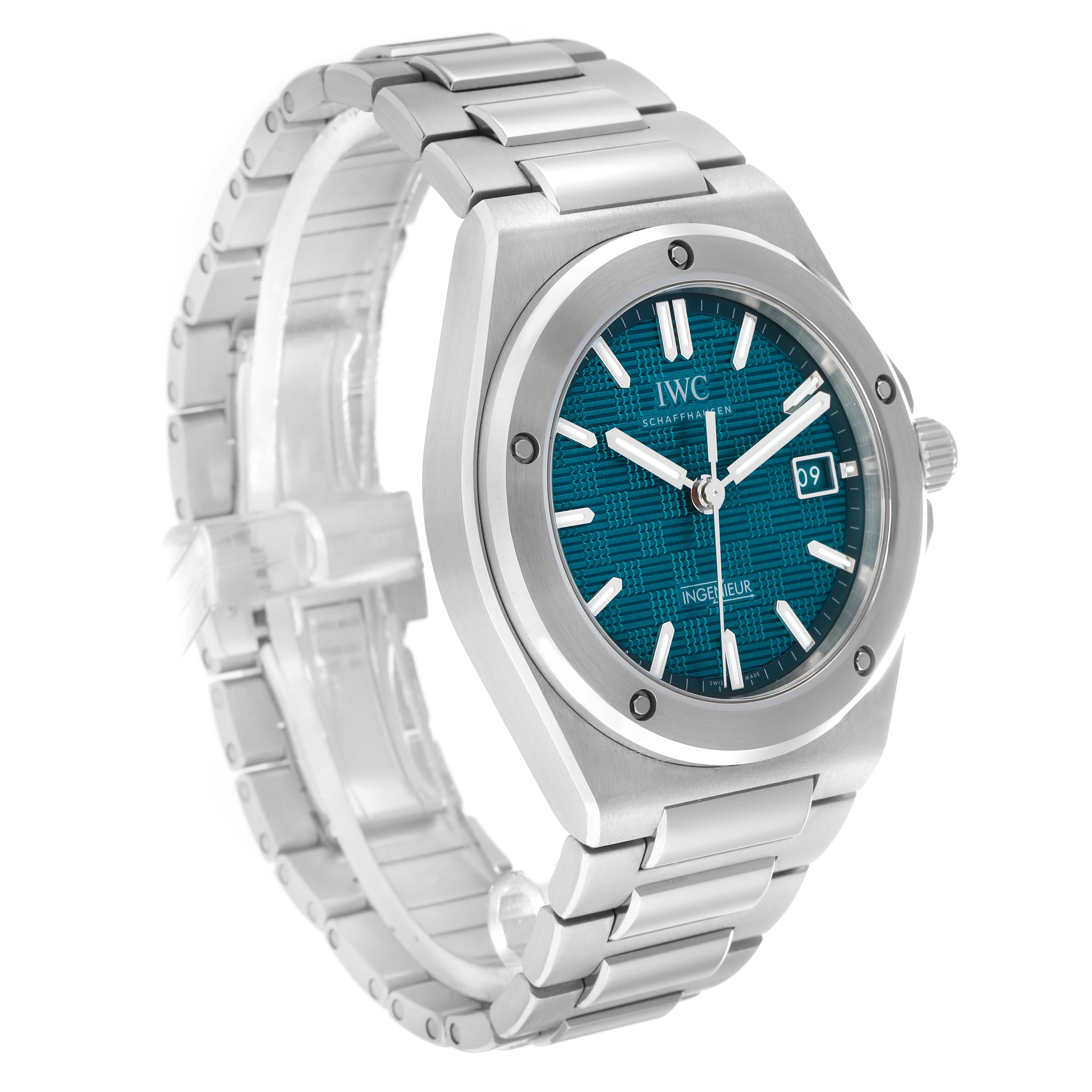 The IWC Ingenieur IW328903 Men's Stainless Steel Blue Dial watch is shown at a slight angle, displaying the face, bezel, crown, and part of the metal bracelet.