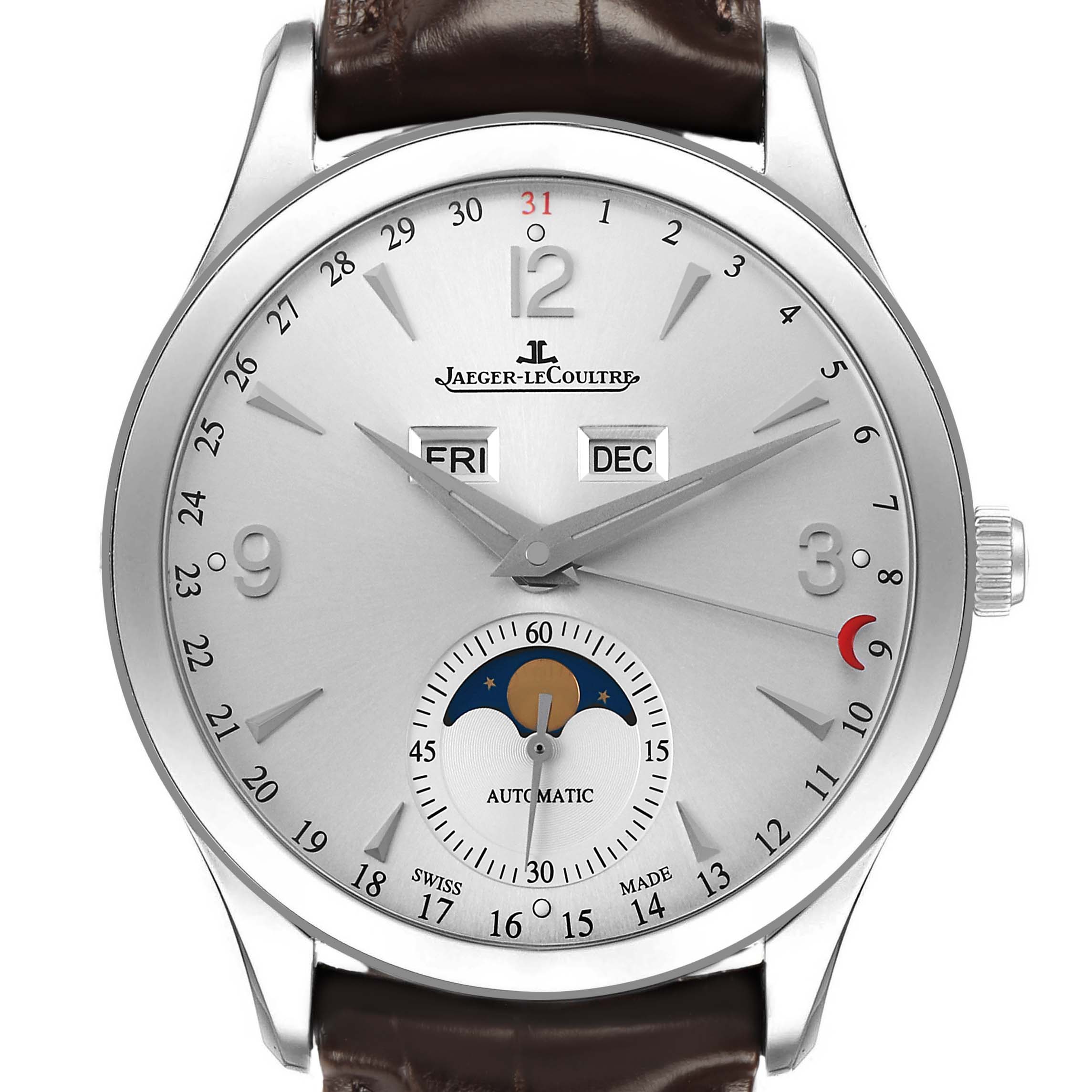 The Jaeger-LeCoultre Master model is shown from a front angle, displaying the dial, day, date, month, and moon phase.