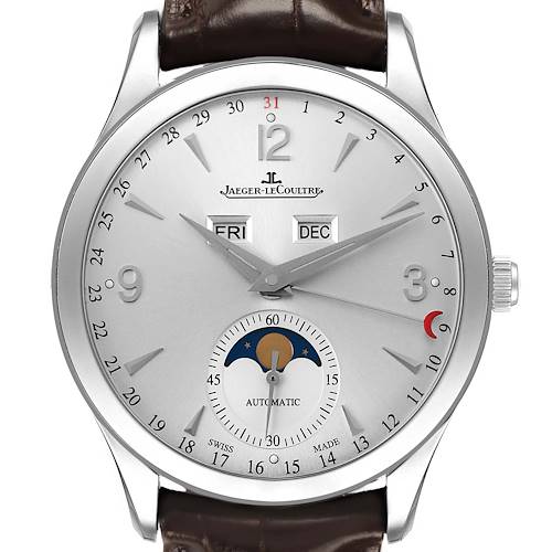 The Jaeger LeCoultre Master Q1558420 Men's Stainless Steel Silver Dial model watch is shown from the front, displaying the dial, day, date, moon phase, and leather strap.