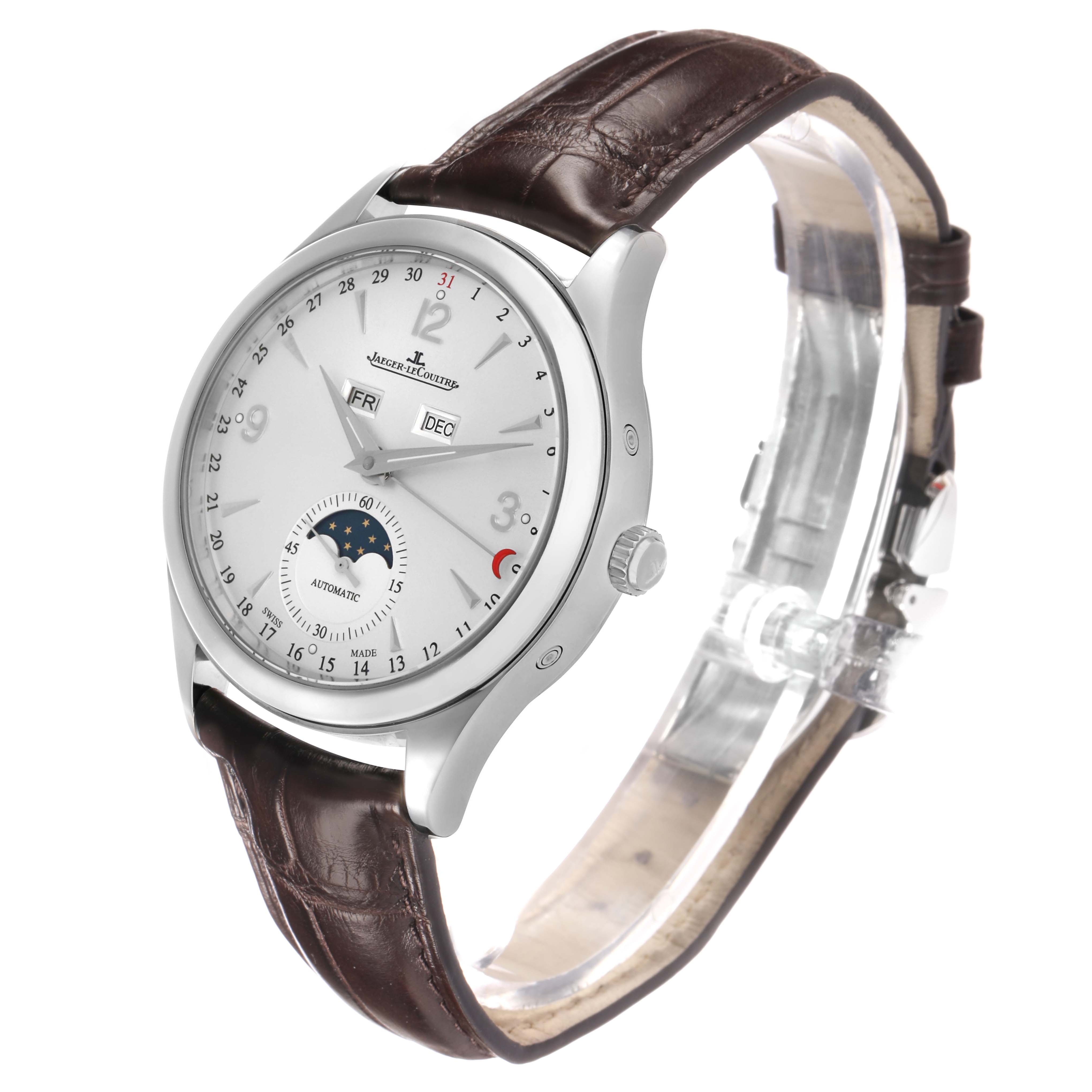 The Jaeger LeCoultre Master Q1558420 Men's Stainless Steel Silver Dial model watch is shown from a front angle, highlighting the dial, brown strap, and side crown.