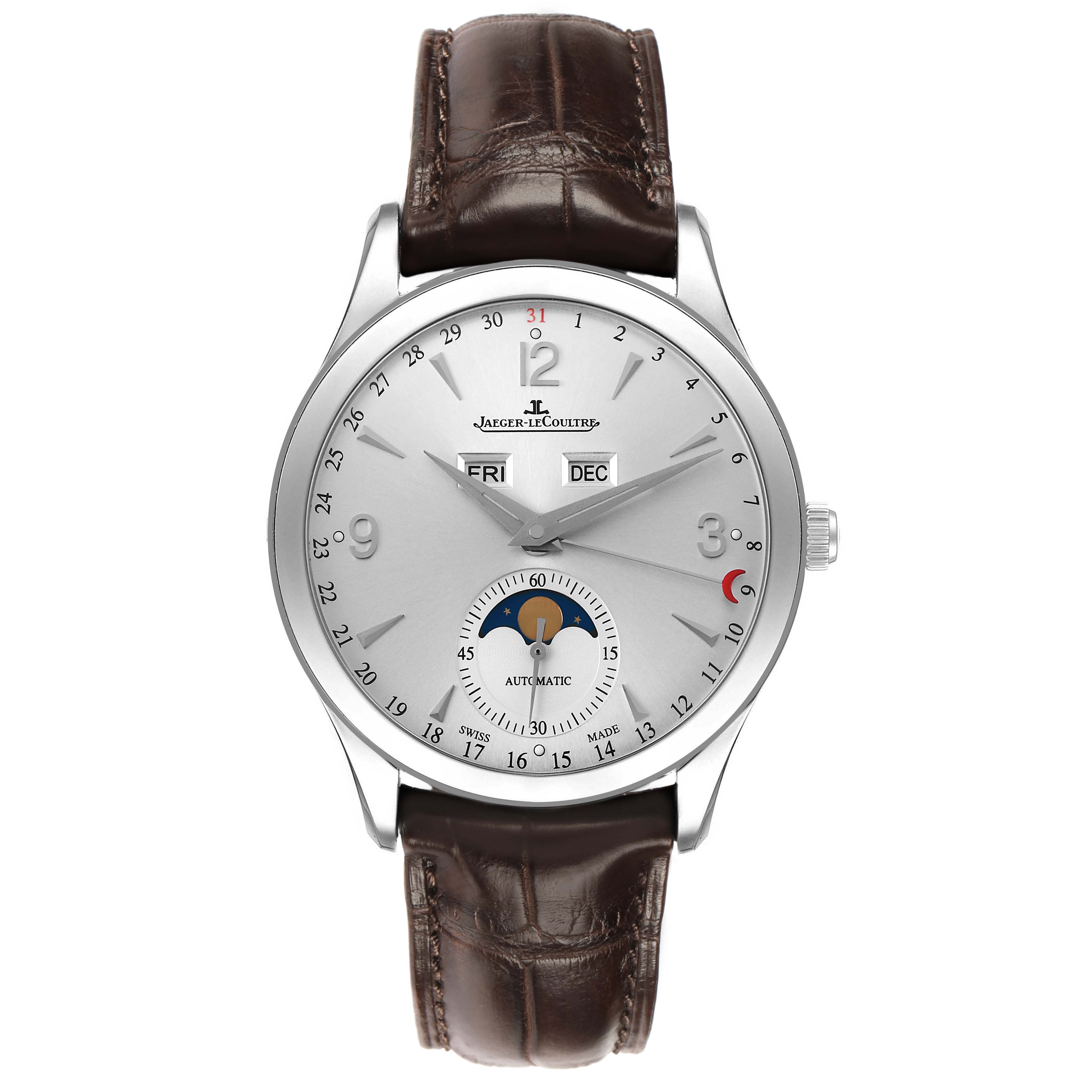 The Jaeger LeCoultre Master Q1558420 Men's Stainless Steel Silver Dial watch is shown from a top view, highlighting its face, date, day, month, and moon phase features.