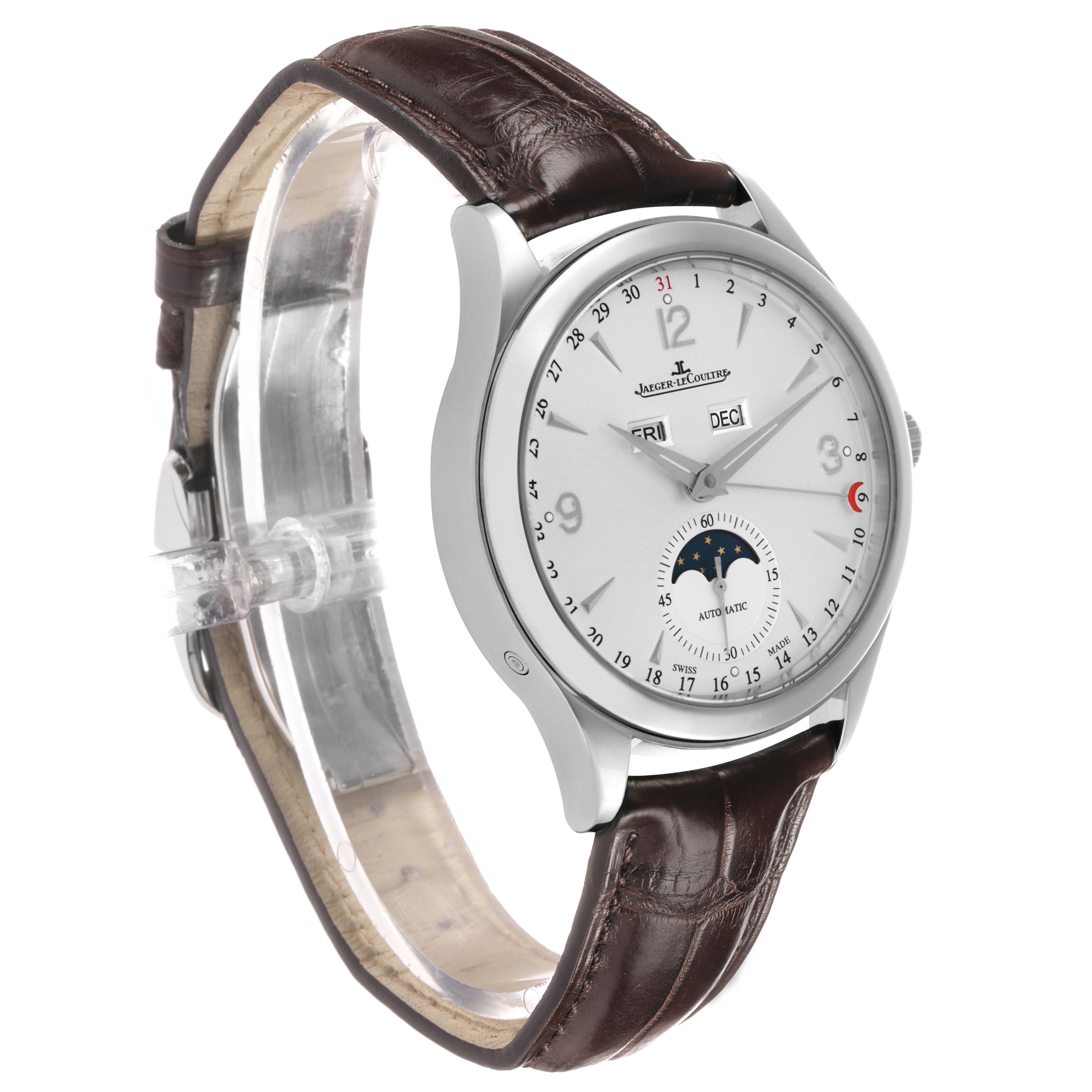 The Jaeger LeCoultre Master Q1558420 Men's Stainless Steel Silver Dial watch is shown at a three-quarter angle, highlighting the dial, day-date, moon phase, and leather strap.