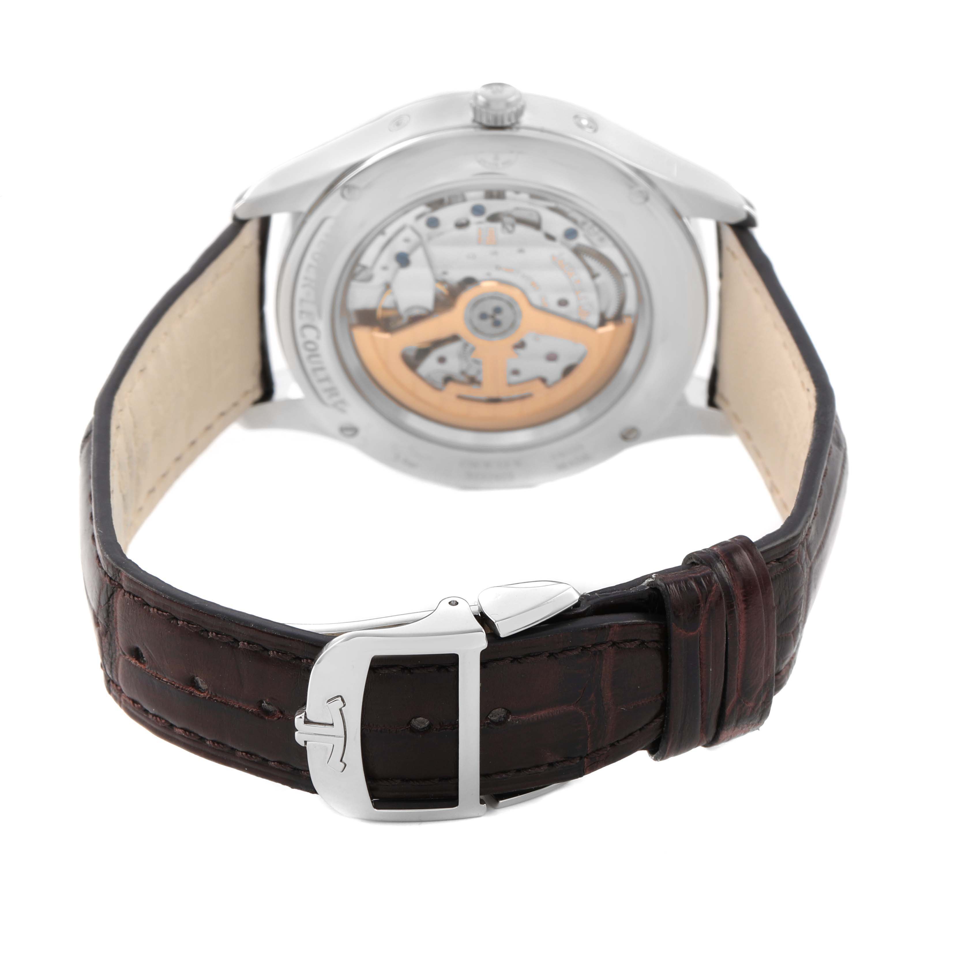 The Jaeger-LeCoultre Master model is shown from the back, highlighting the transparent case back and leather strap buckle.