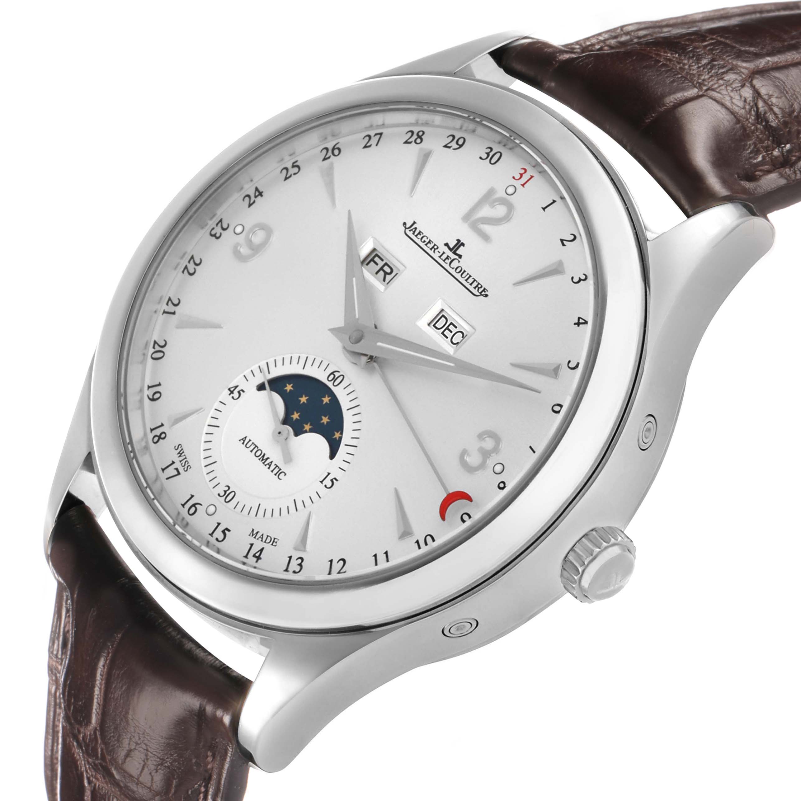 The Jaeger LeCoultre Master Q1558420 Men's Stainless Steel Silver Dial watch is shown at an angled side view, featuring a moon phase, date, and leather strap.