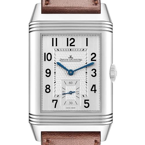The Jaeger-LeCoultre Reverso watch is shown from a front angle, highlighting the dial and leather strap.
