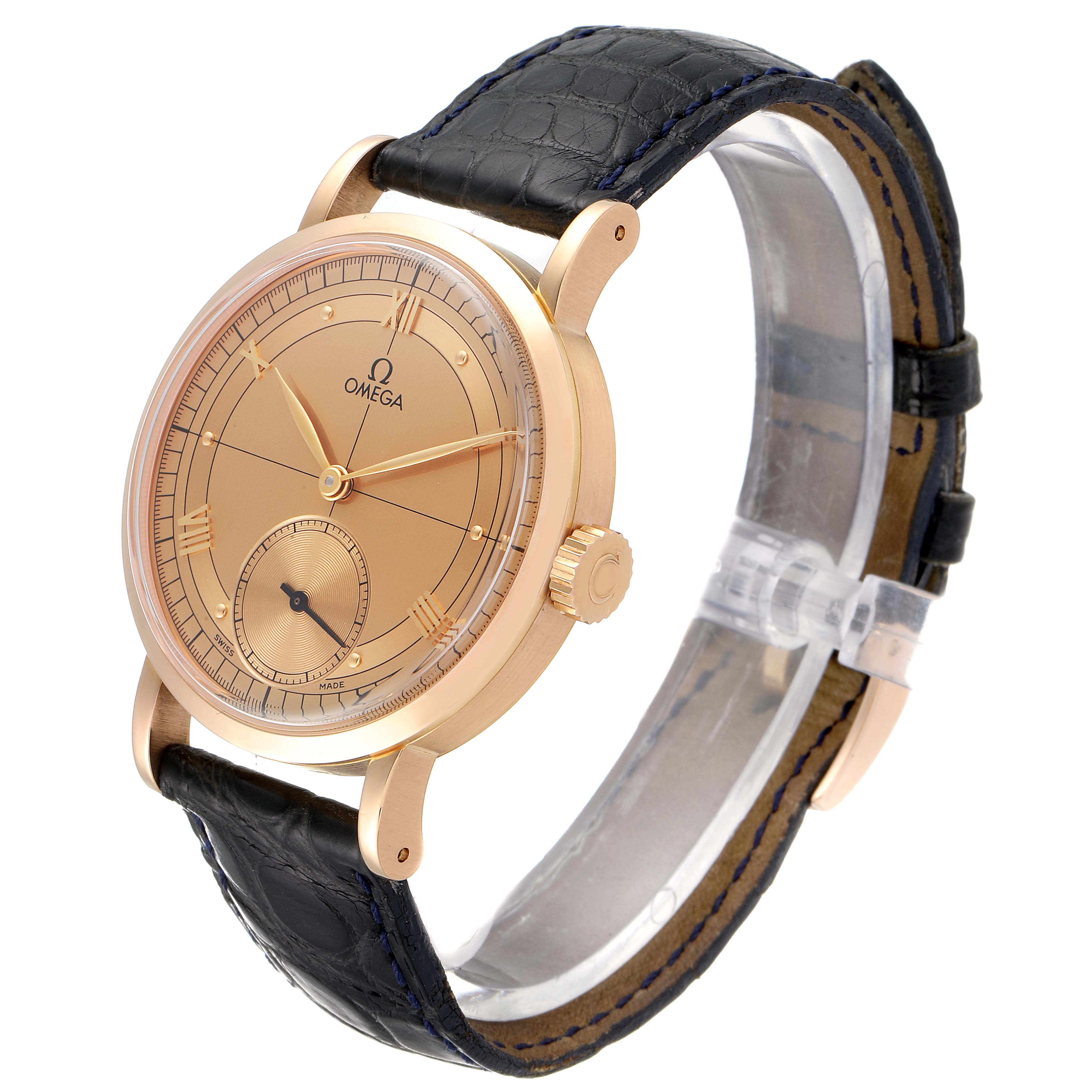 The Omega Museum 5950.30.03 Men
s Rose Gold Brown Dial 5950.30.03 Men
s Rose Gold Brown Dial model watch is shown from a front-side angle, displaying its dial, case, crown, and strap.