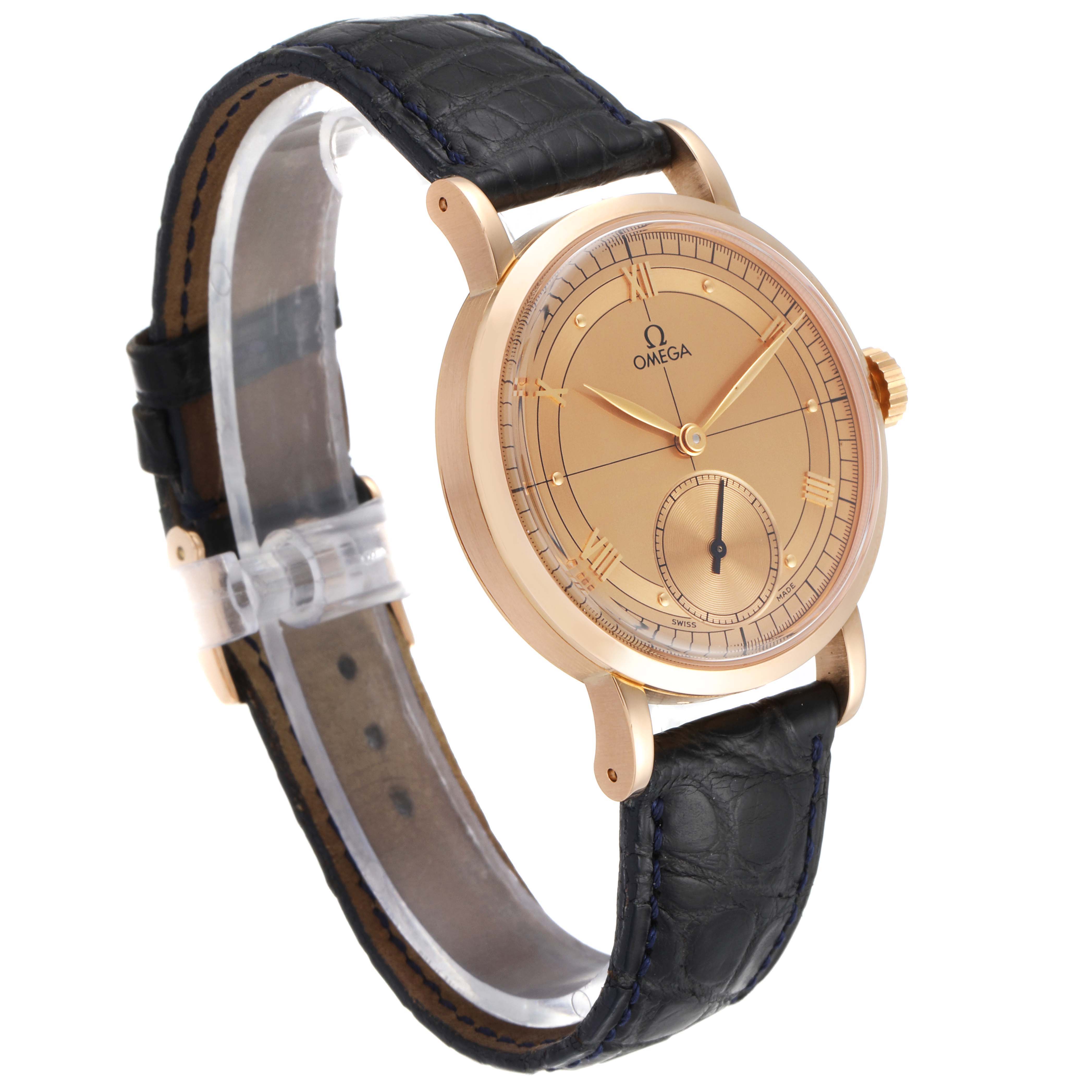 This image shows an Omega Museum 5950.30.03 Men
s Rose Gold Brown Dial 5950.30.03 Men
s Rose Gold Brown Dial model watch from a side-front angle, highlighting its dial, case, and strap.