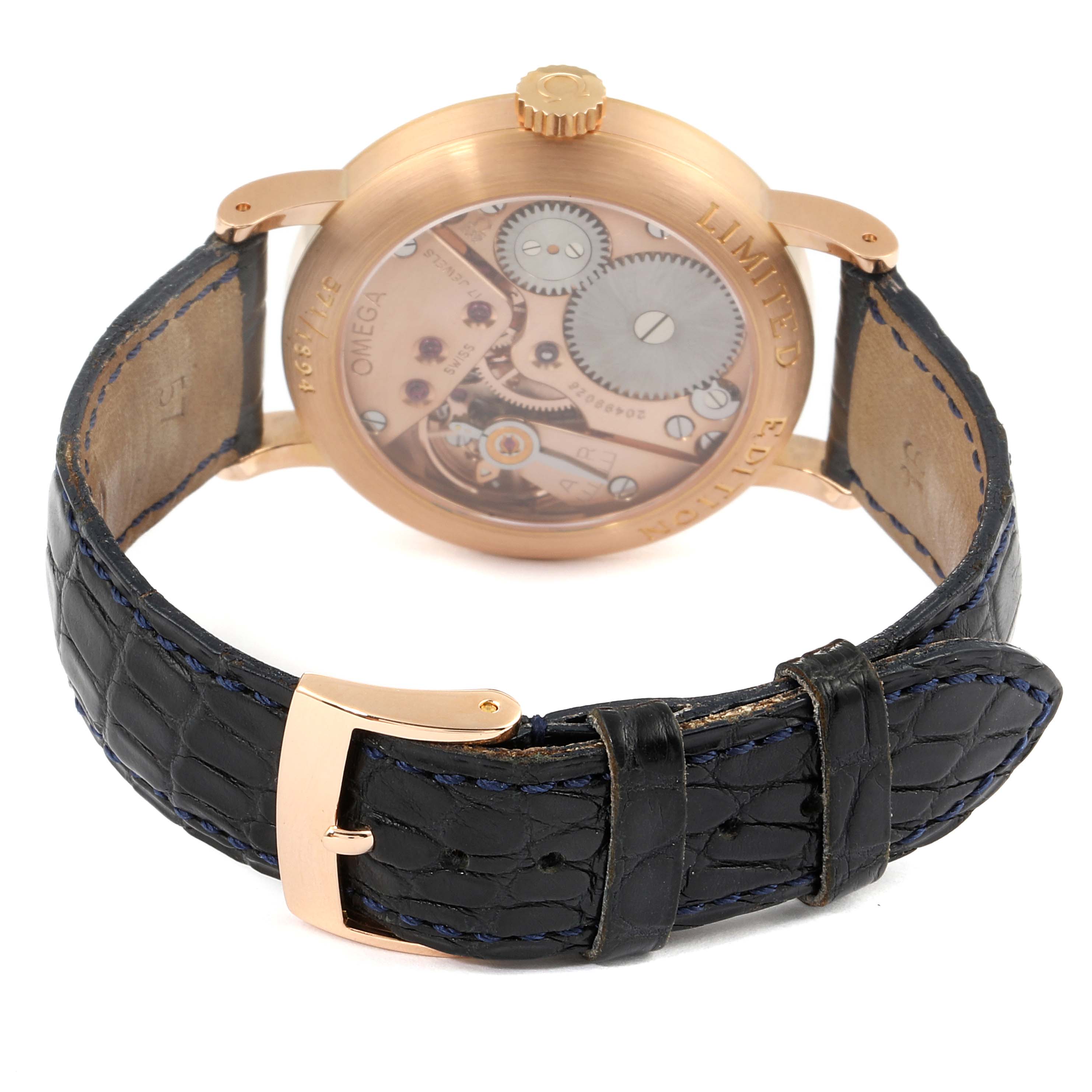 This image showcases the back view of the Omega Museum 5950.30.03 Men
s Rose Gold Brown Dial 5950.30.03 Men
s Rose Gold Brown Dial model watch, highlighting its mechanical movement and black leather strap.