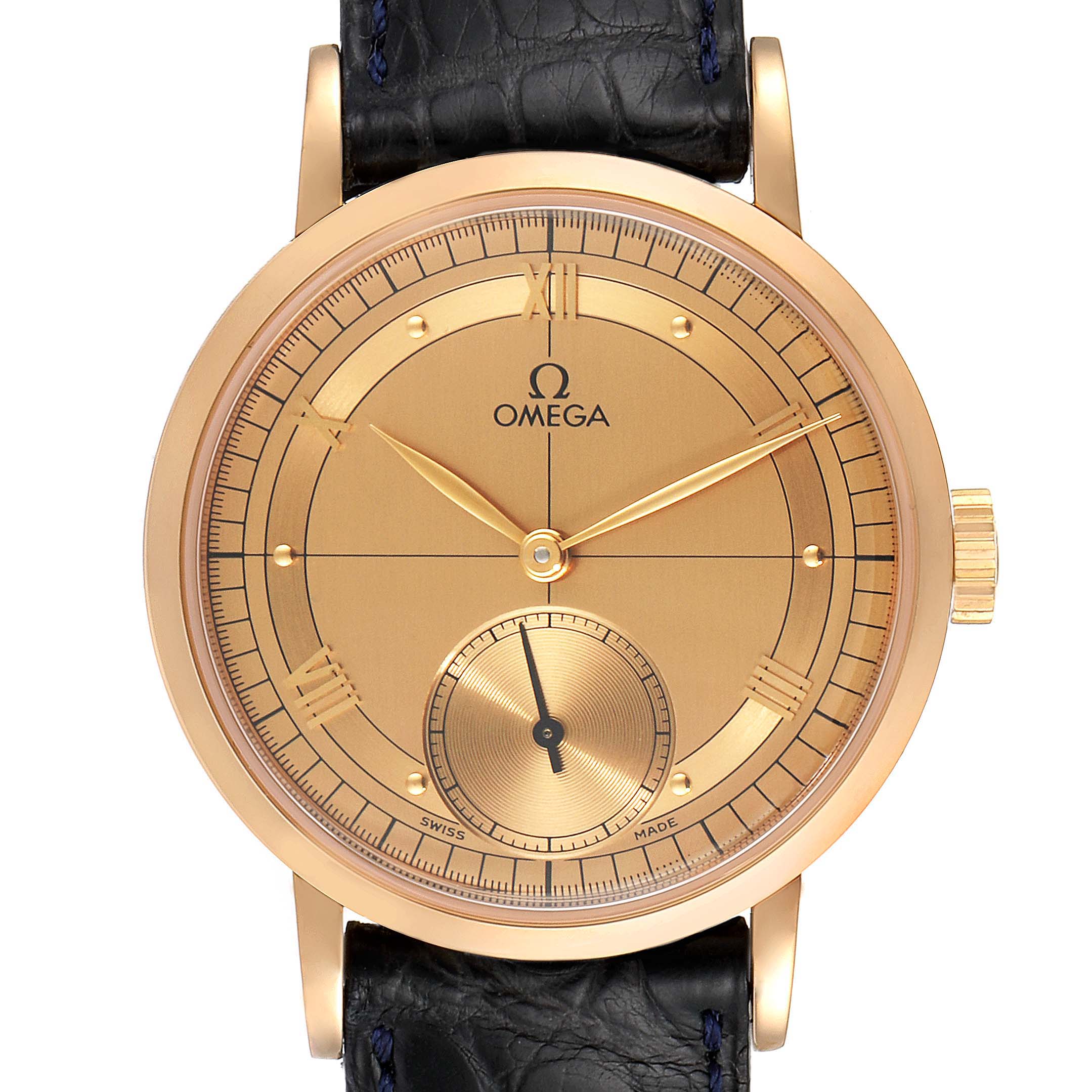 The image shows a frontal view of the Omega Museum 5950.30.03 Men
s Rose Gold Brown Dial 5950.30.03 Men
s Rose Gold Brown Dial model watch with a gold-tone face and black leather strap.