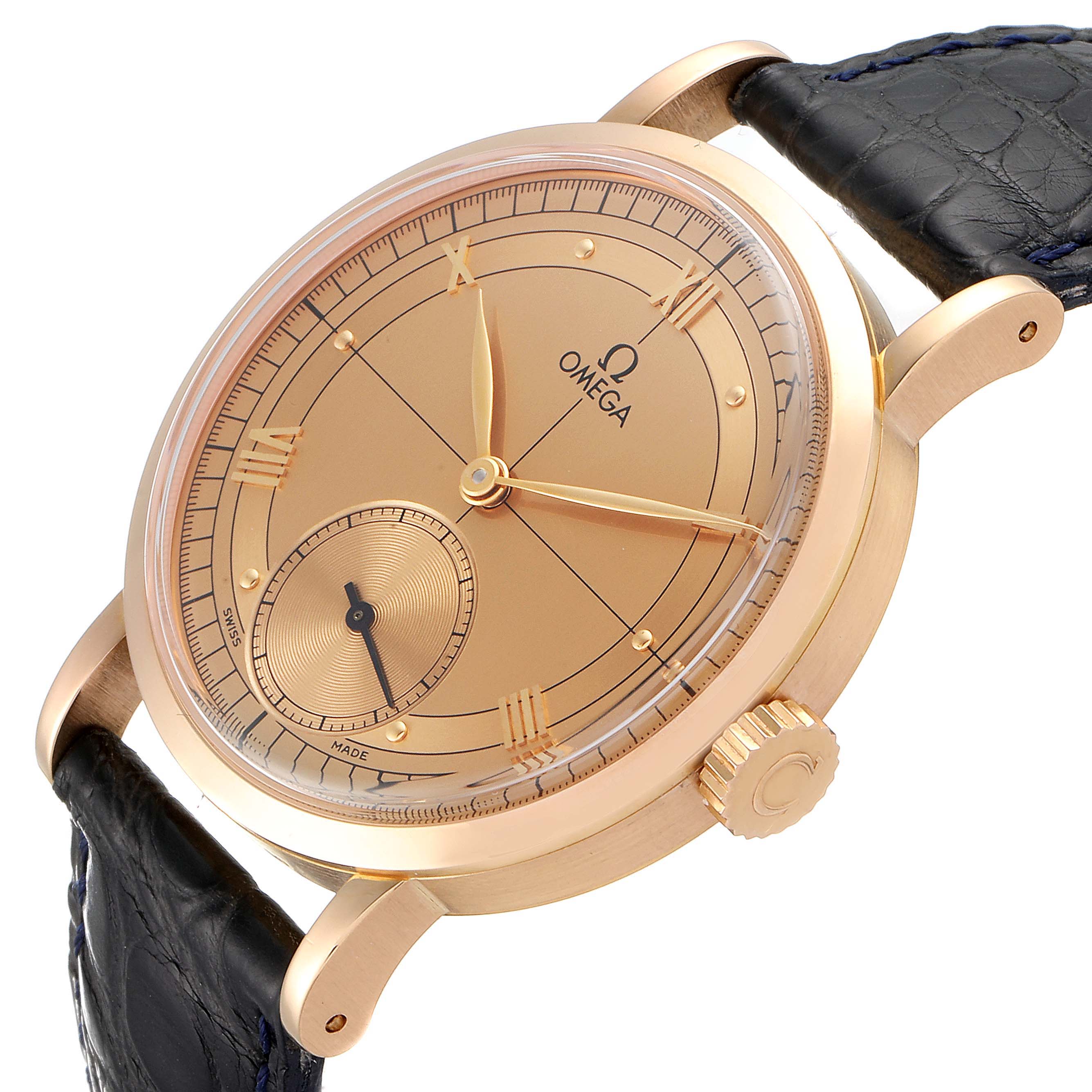 This image shows a close-up angled view of an Omega Museum 5950.30.03 Men
s Rose Gold Brown Dial 5950.30.03 Men
s Rose Gold Brown Dial model watch displaying the face, crown, and strap.