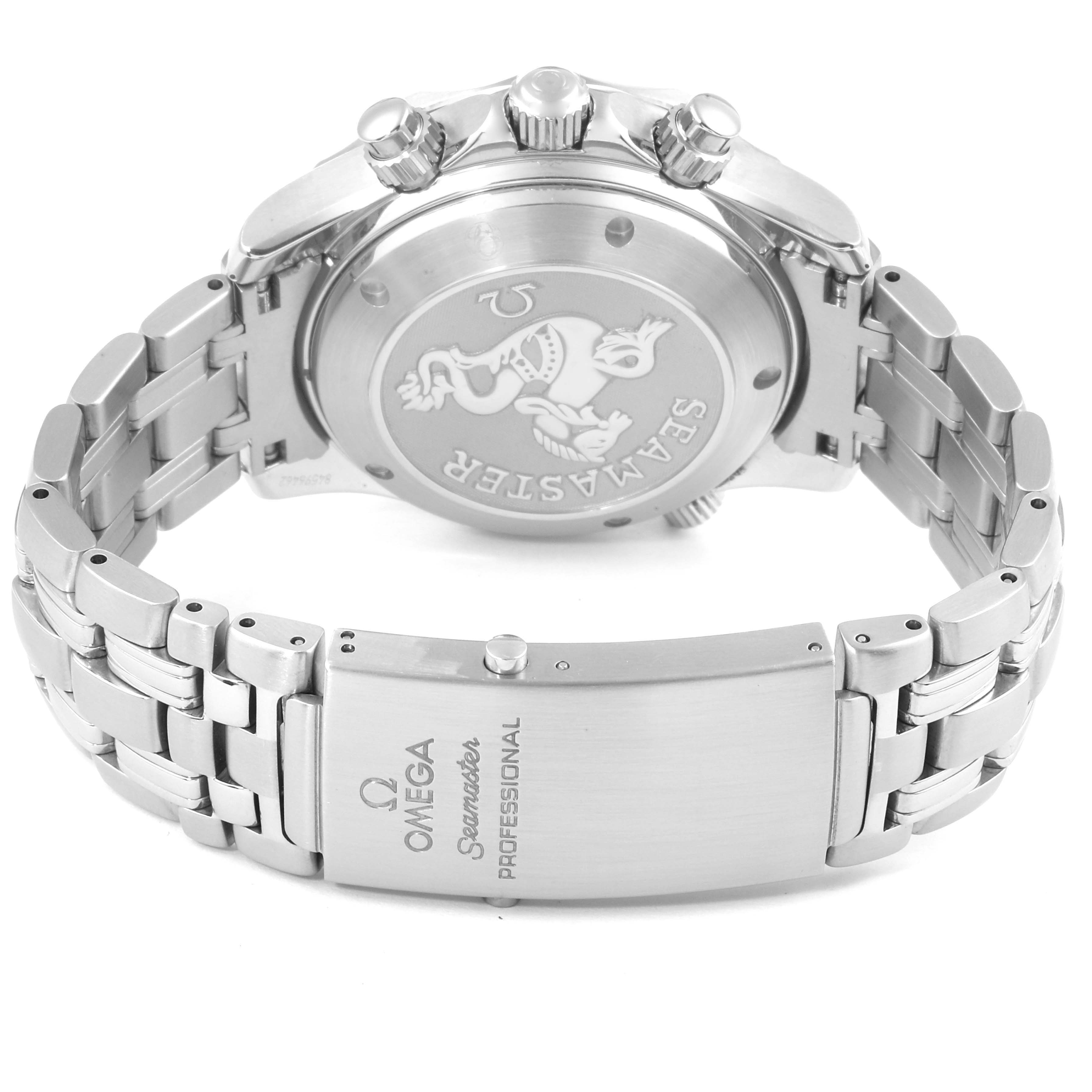 This image shows the back case and bracelet clasp of the Omega Seamaster 213.30.42.40.01.001 Men's Stainless Steel Black Dial 213.30.42.40.01.001 Men's Stainless Steel Black Dial watch.