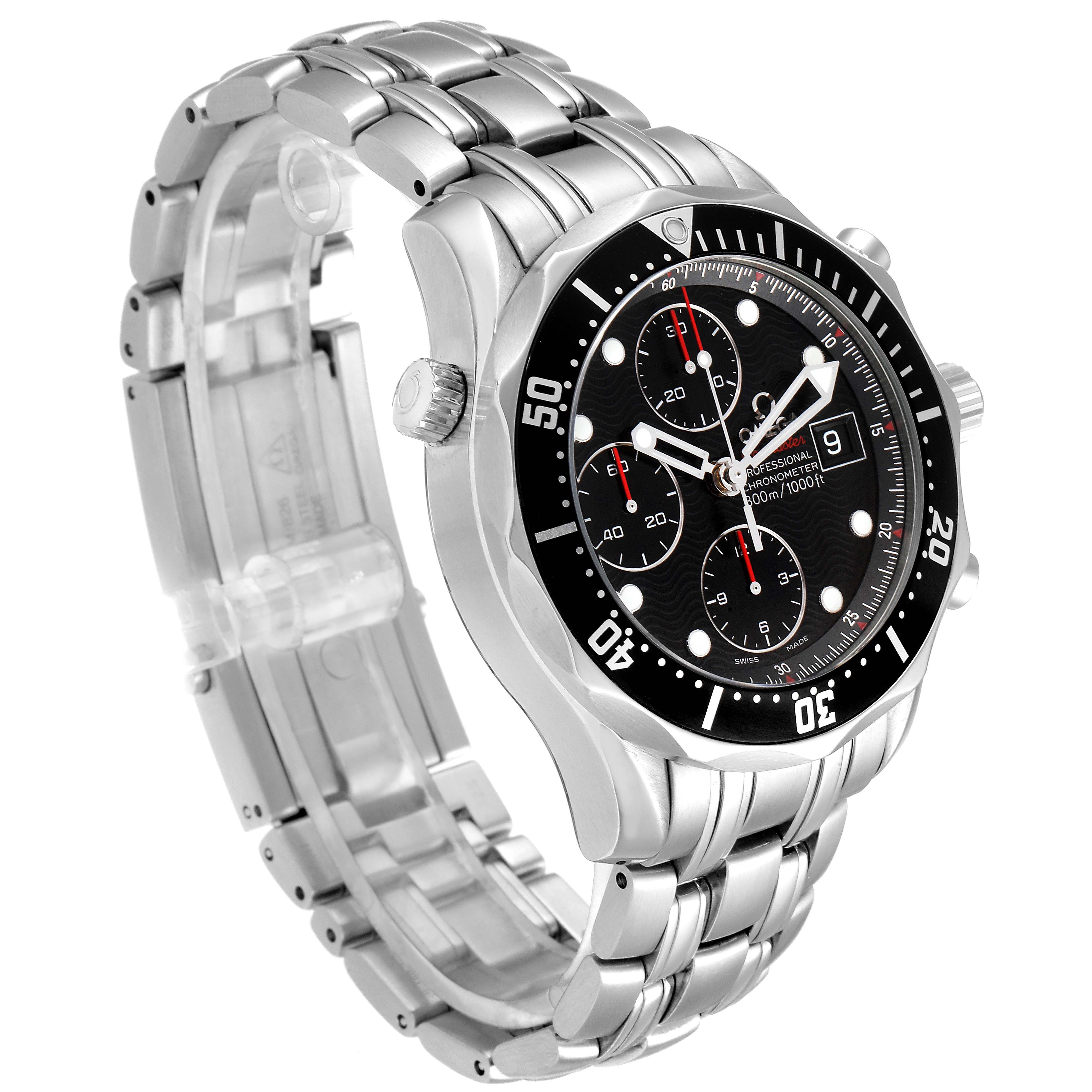 The Omega Seamaster 213.30.42.40.01.001 Men's Stainless Steel Black Dial 213.30.42.40.01.001 Men's Stainless Steel Black Dial watch is shown at an angled side view, displaying its stainless steel bracelet, bezel, crown, and dial.