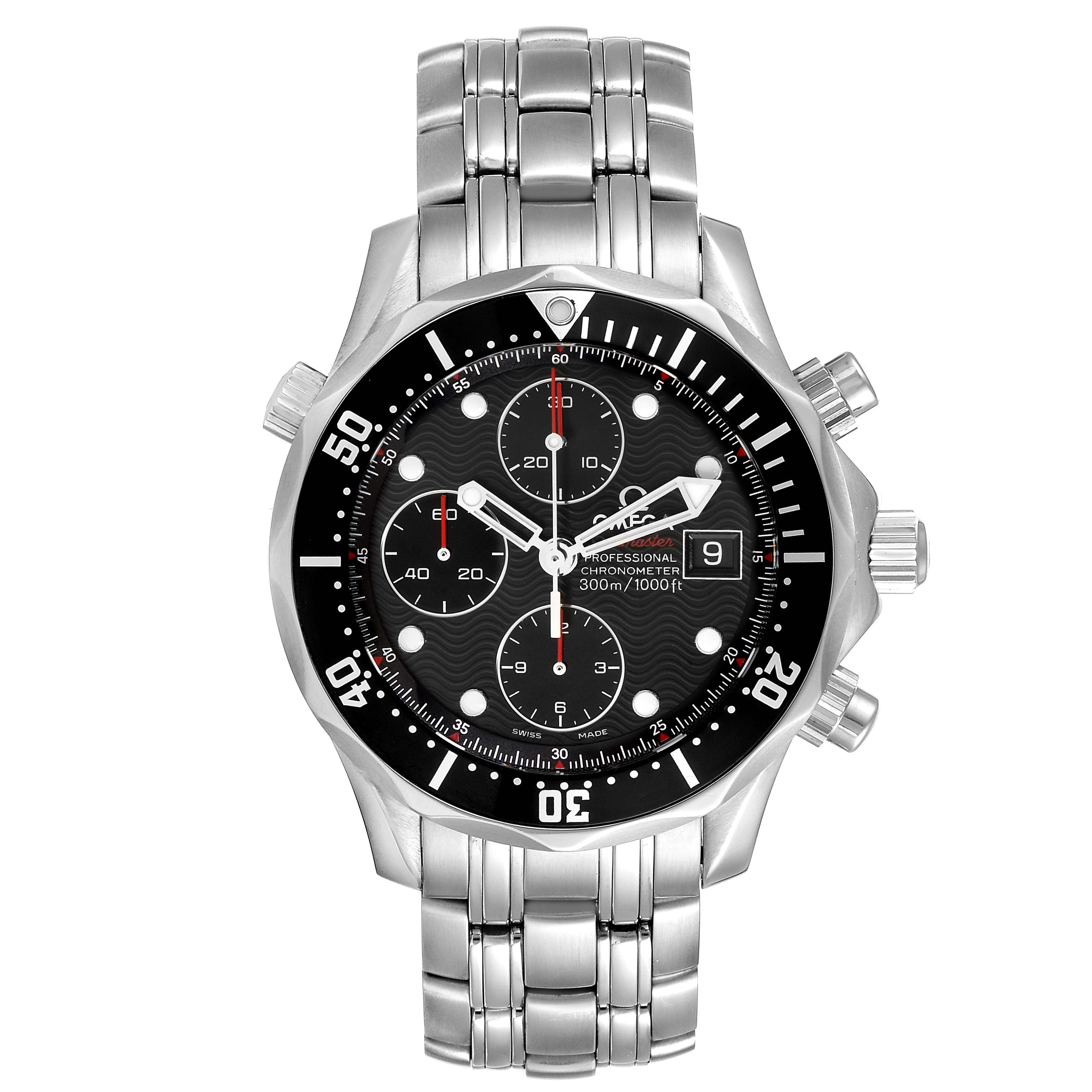 The image shows a front view of the Omega Seamaster 213.30.42.40.01.001 Men's Stainless Steel Black Dial 213.30.42.40.01.001 Men's Stainless Steel Black Dial watch, highlighting its dial, bracelet, and chronograph features.