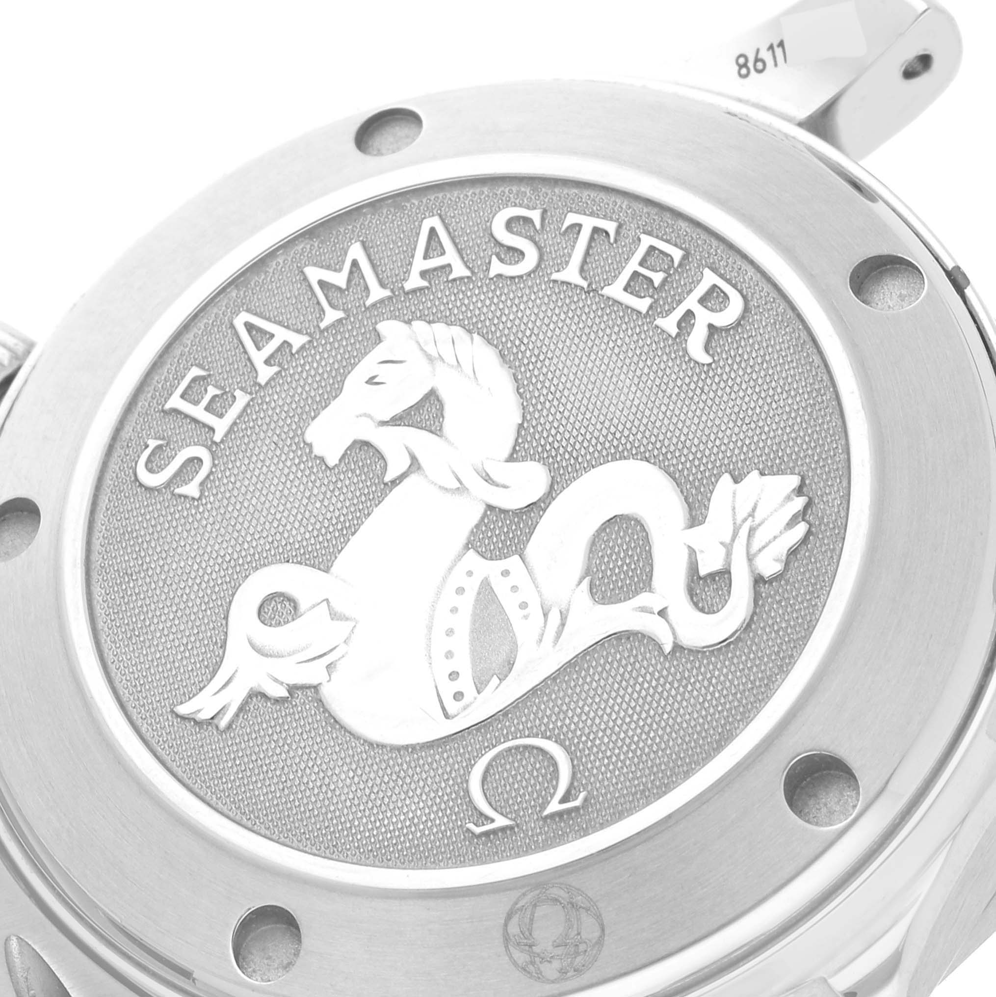 The image shows the case back of the Omega Seamaster 212.30.36.20.01.001 Men's Stainless Steel Black Dial 212.30.36.20.01.001 Men's Stainless Steel Black Dial watch featuring the Seamaster logo and engraving details.