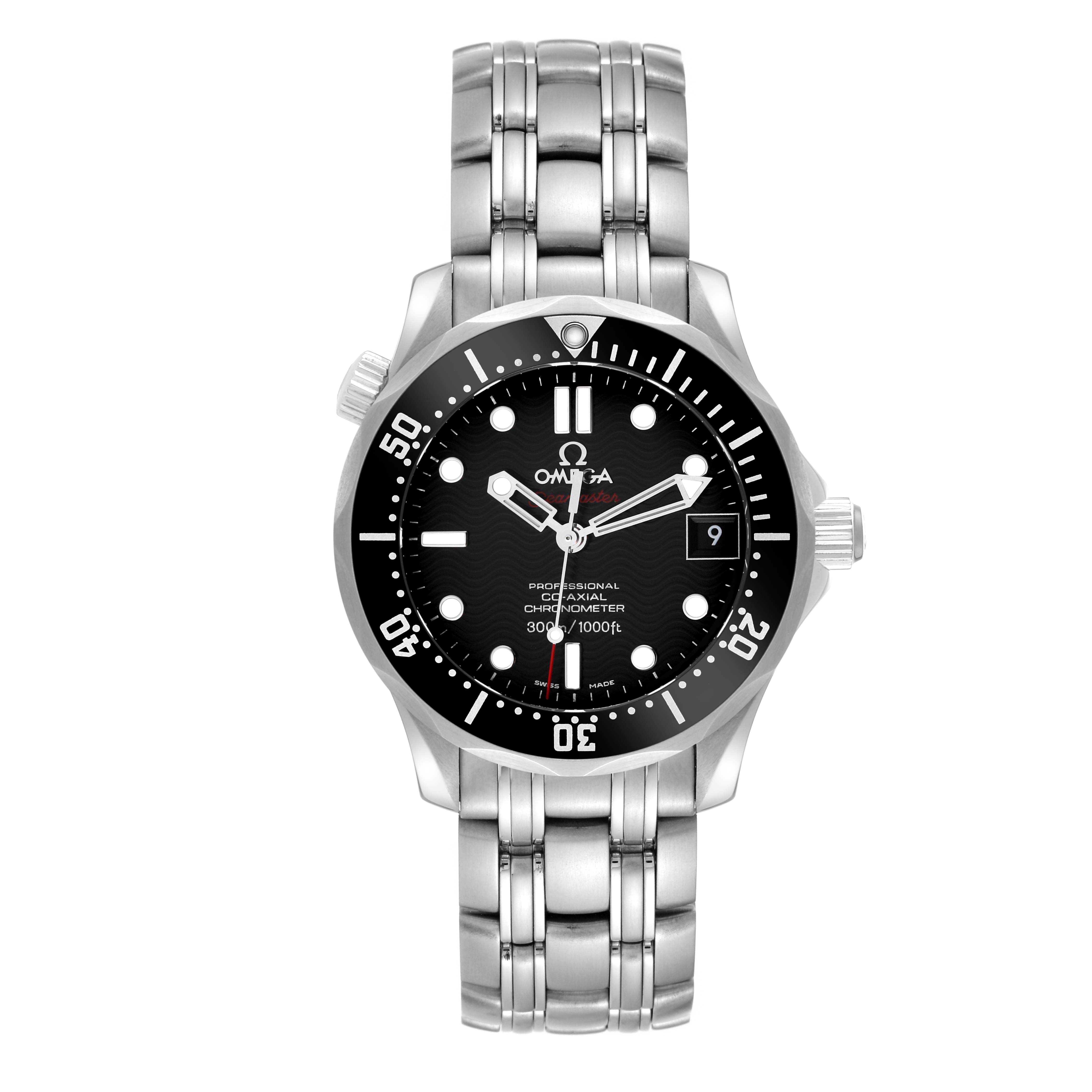 The image shows a front view of the Omega Seamaster 212.30.36.20.01.001 Men's Stainless Steel Black Dial 212.30.36.20.01.001 Men's Stainless Steel Black Dial watch with a black dial and a stainless steel bracelet.