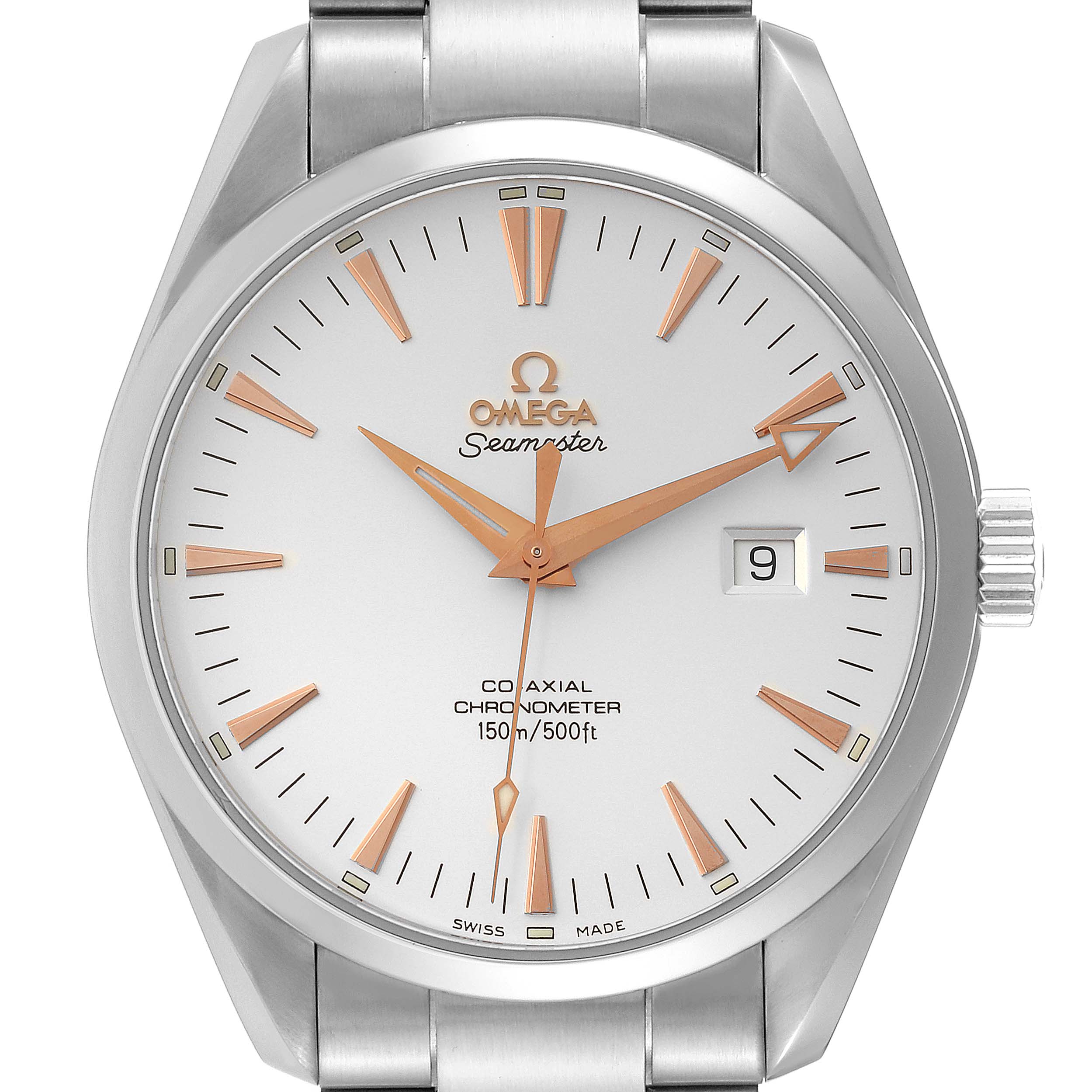This image shows a front view of the Omega Aqua Terra 2502.34.00 Men's Stainless Steel Silver Dial 2502.34.00 Men's Stainless Steel Silver Dial watch displaying its face, dial, and part of the bracelet.