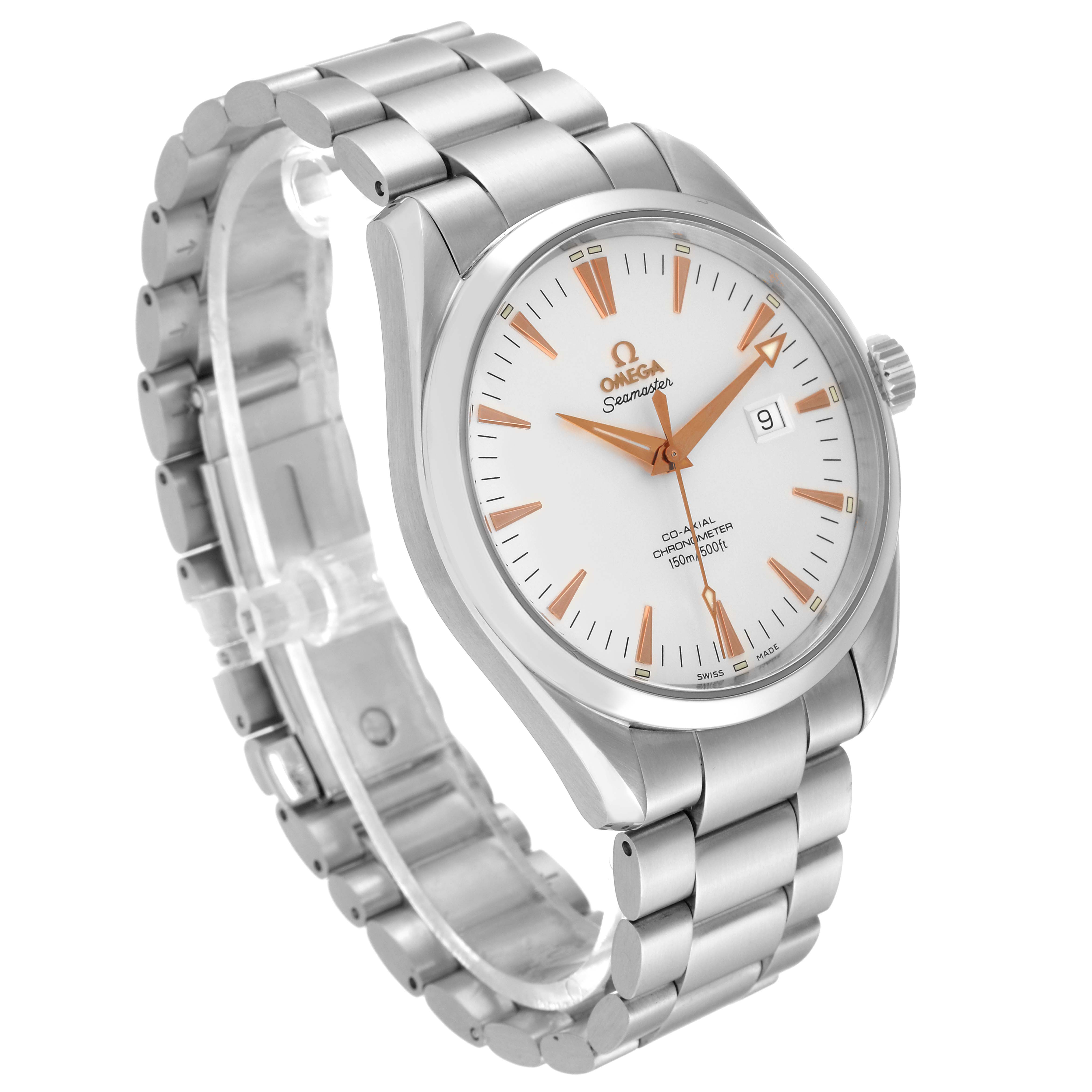 The Omega Aqua Terra 2502.34.00 Men's Stainless Steel Silver Dial 2502.34.00 Men's Stainless Steel Silver Dial watch is shown at a three-quarter angle, displaying its face, dial, bezel, bracelet, and crown.