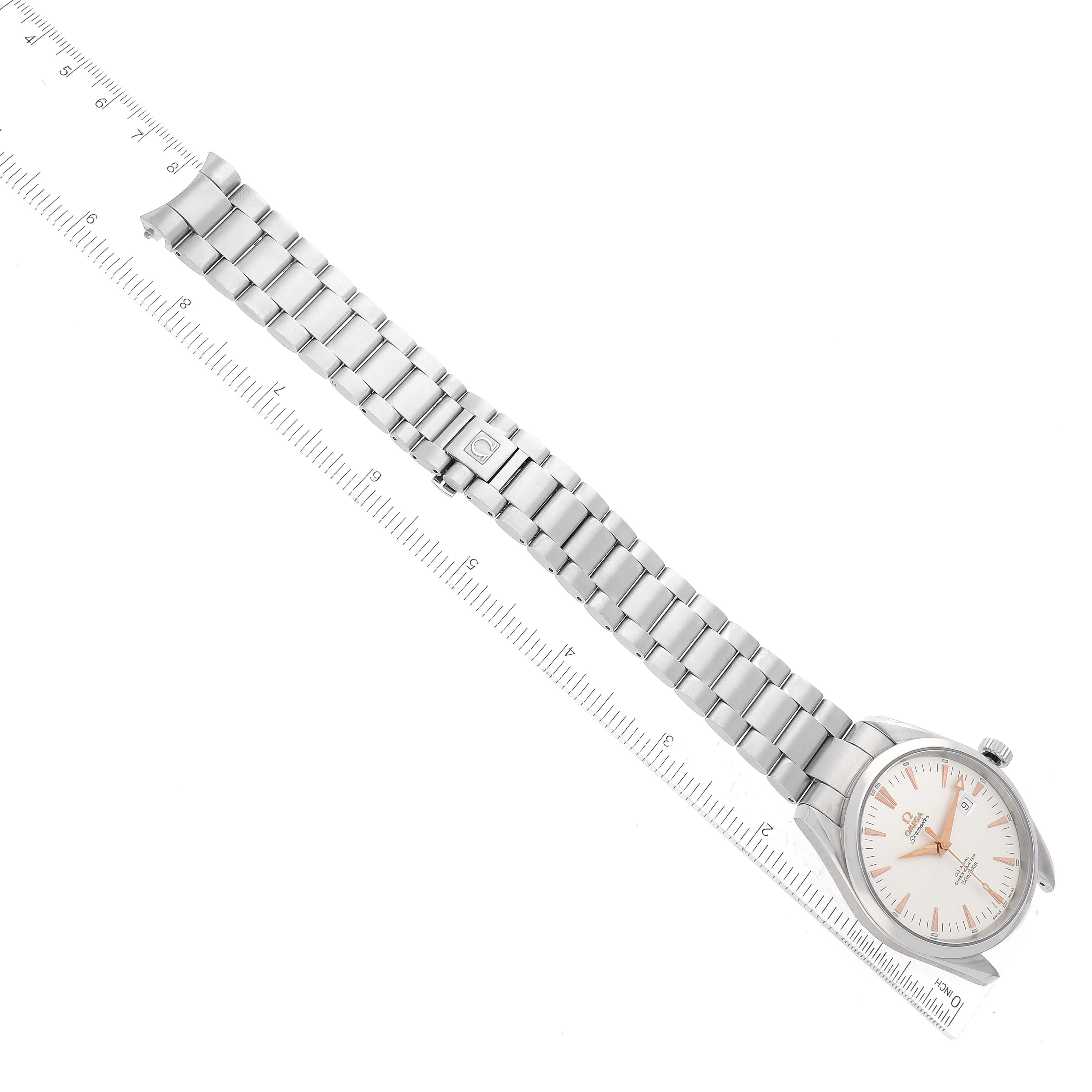 The image shows an Omega Aqua Terra 2502.34.00 Men's Stainless Steel Silver Dial 2502.34.00 Men's Stainless Steel Silver Dial watch laid flat with both the watch face and entire metal bracelet visible.