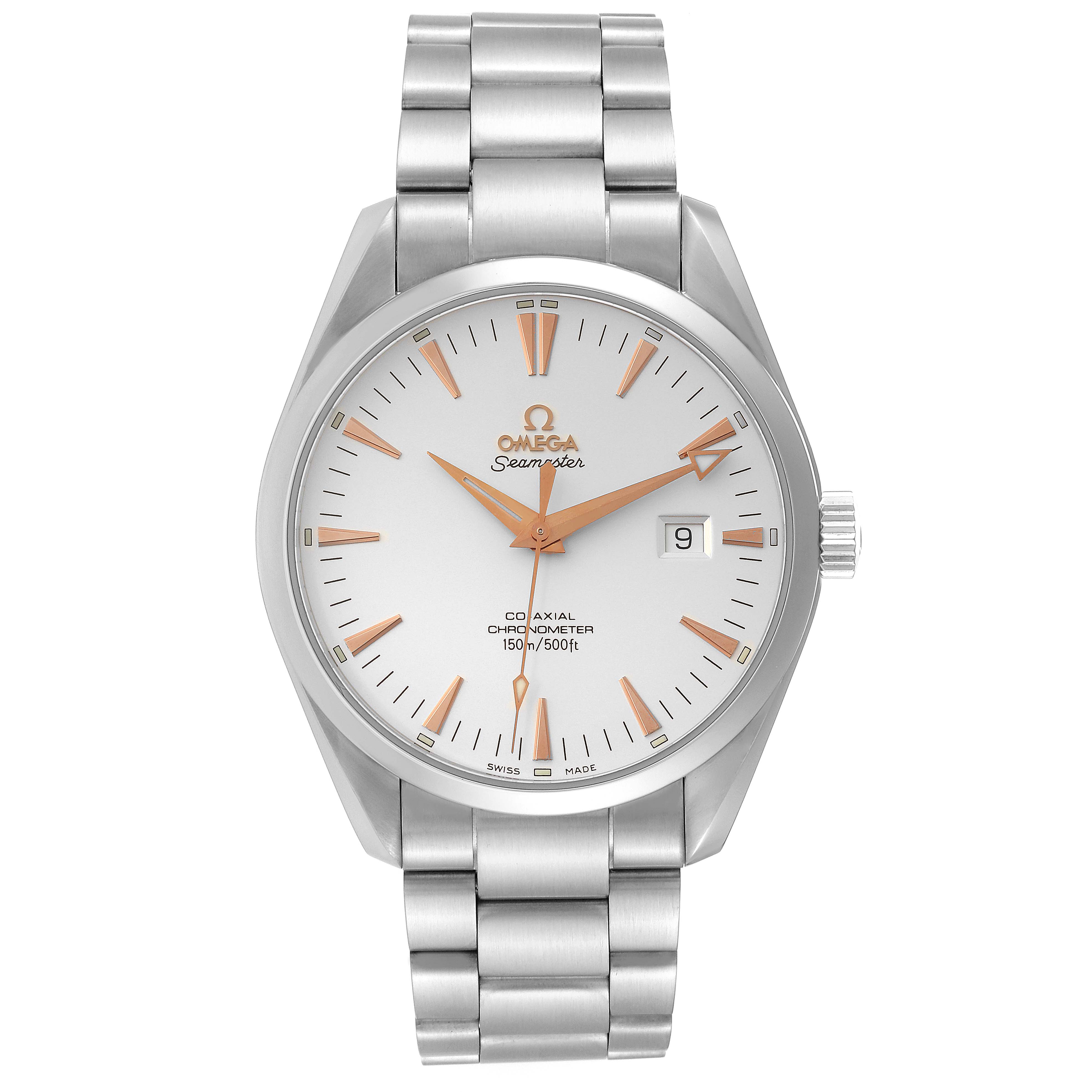 The Omega Seamaster Aqua Terra watch is shown from a front angle, displaying its face, bracelet, and crown.