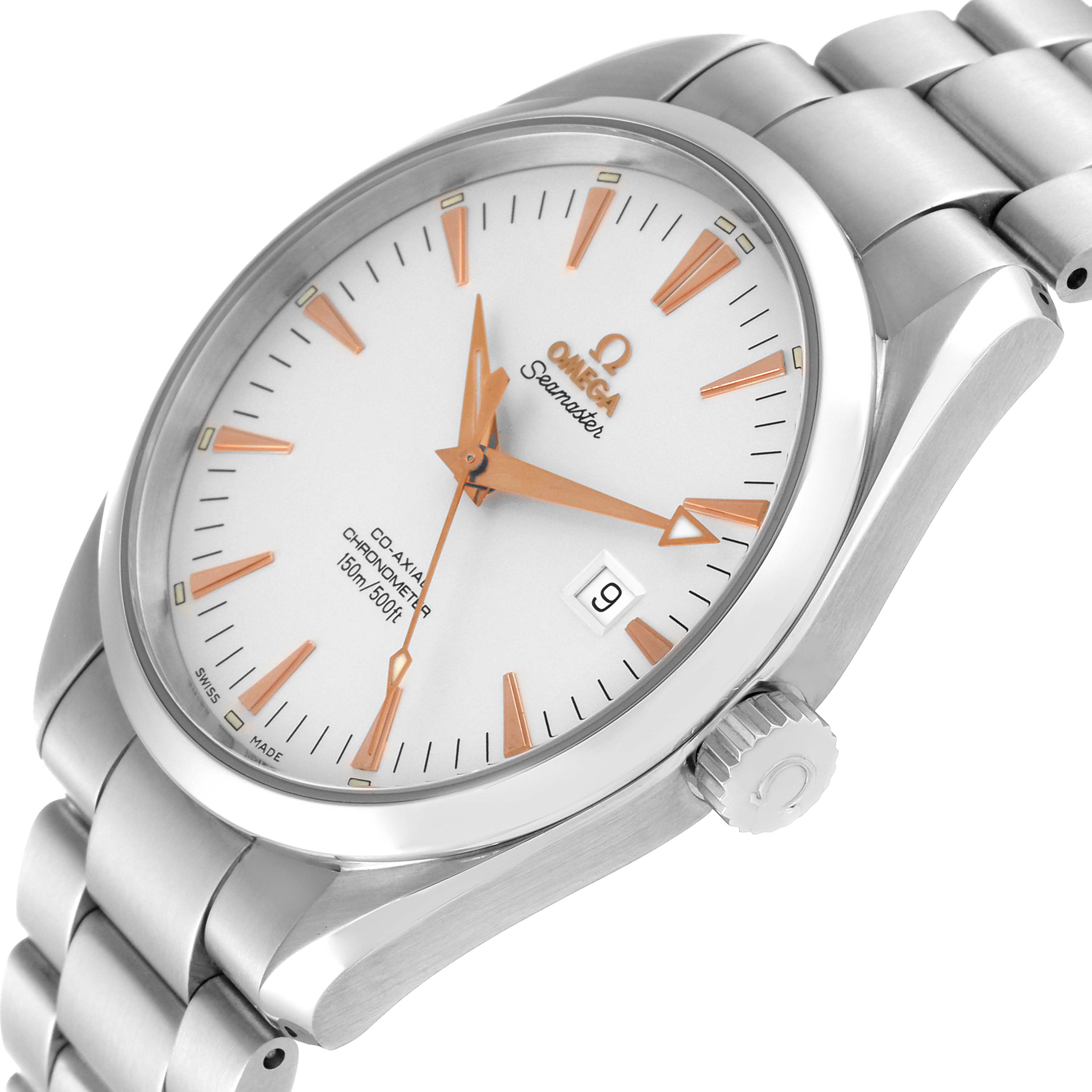 The image shows an Omega Aqua Terra 2502.34.00 Men's Stainless Steel Silver Dial 2502.34.00 Men's Stainless Steel Silver Dial watch angled to display the dial, crown, and part of the bracelet.