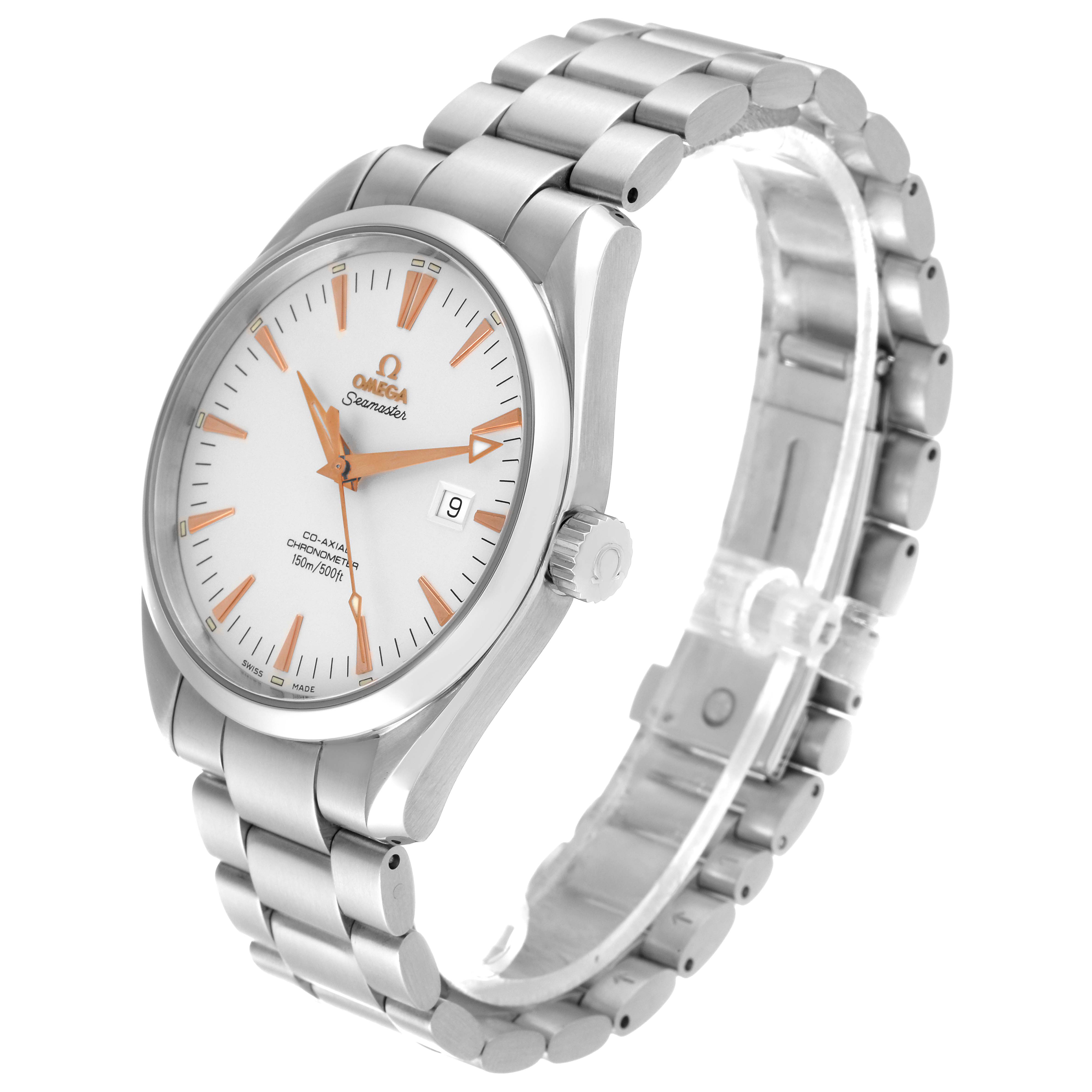 The image shows a side angle of the Omega Aqua Terra 2502.34.00 Men's Stainless Steel Silver Dial 2502.34.00 Men's Stainless Steel Silver Dial watch, highlighting the face, bezel, crown, and metal bracelet.