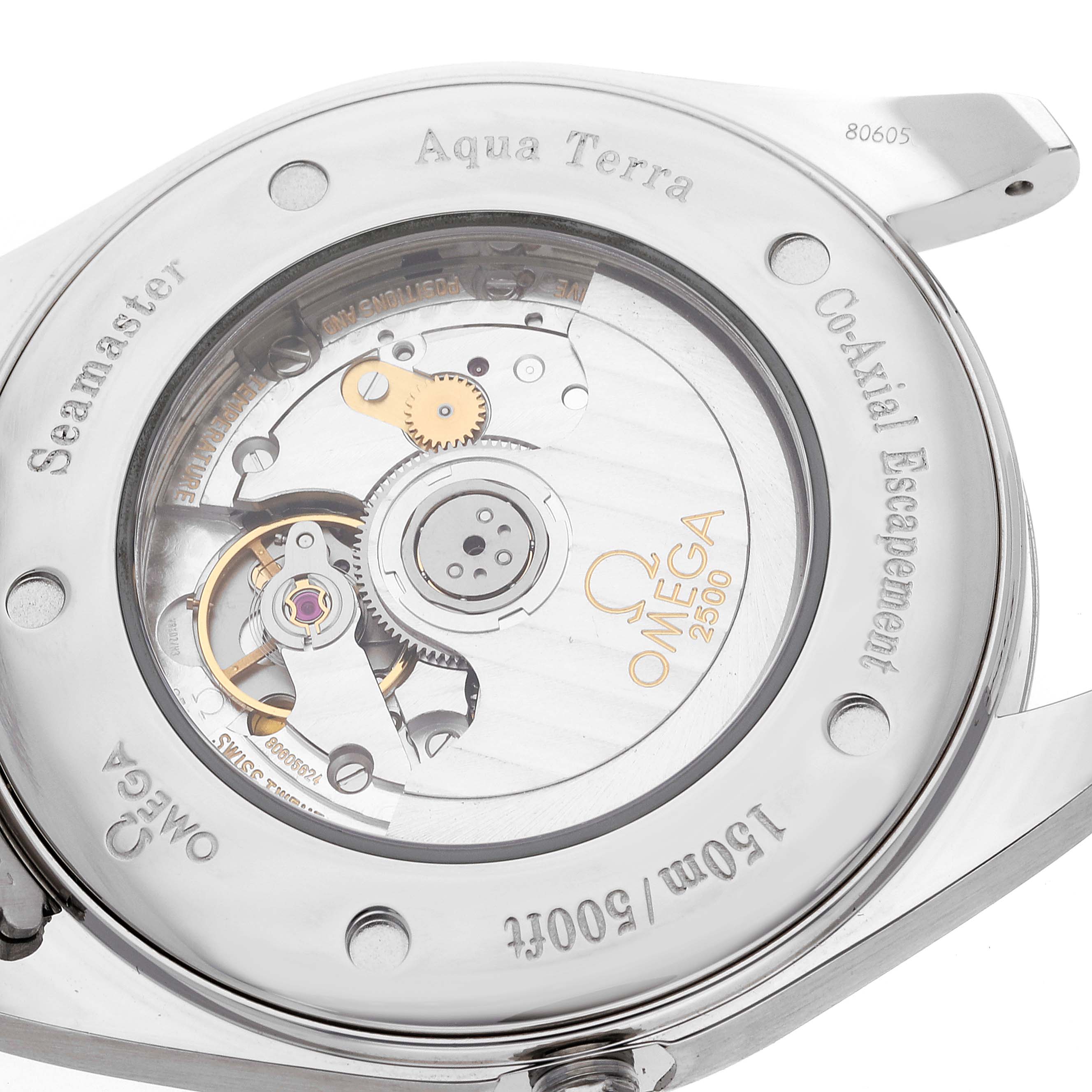 This image shows the back of an Omega Aqua Terra 2502.34.00 Men's Stainless Steel Silver Dial 2502.34.00 Men's Stainless Steel Silver Dial watch, displaying its internal Co-Axial escapement mechanism.