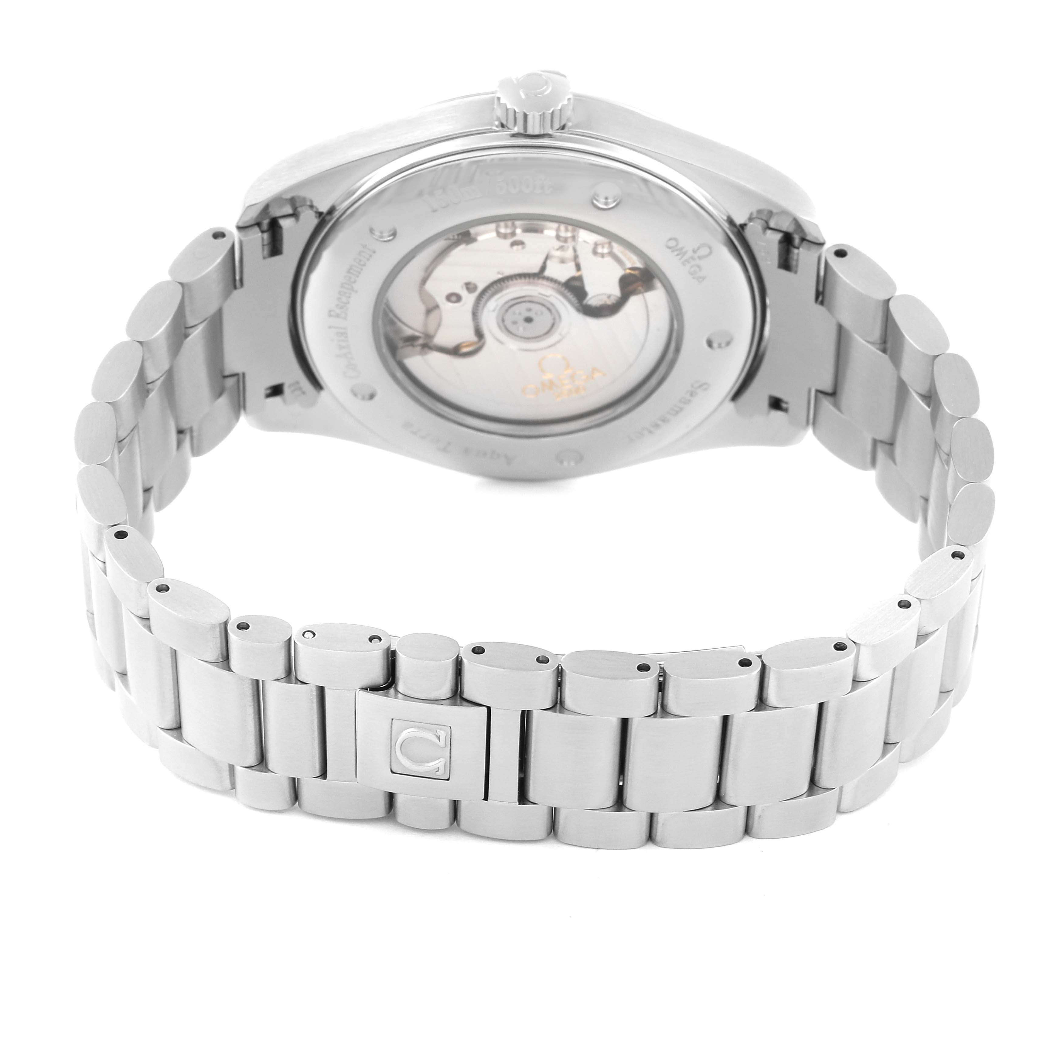 This image shows the back view of an Omega Aqua Terra 2502.34.00 Men's Stainless Steel Silver Dial 2502.34.00 Men's Stainless Steel Silver Dial watch, highlighting its movement and stainless steel bracelet.